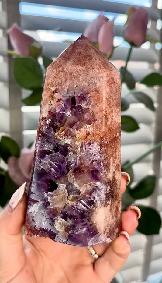 Beautiful, high quality, Pink amethyst tower with purple quartz