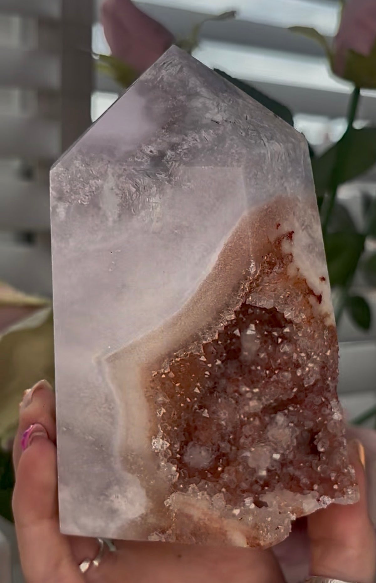 Large, High quality, Pink amethyst tower, with orange druzy