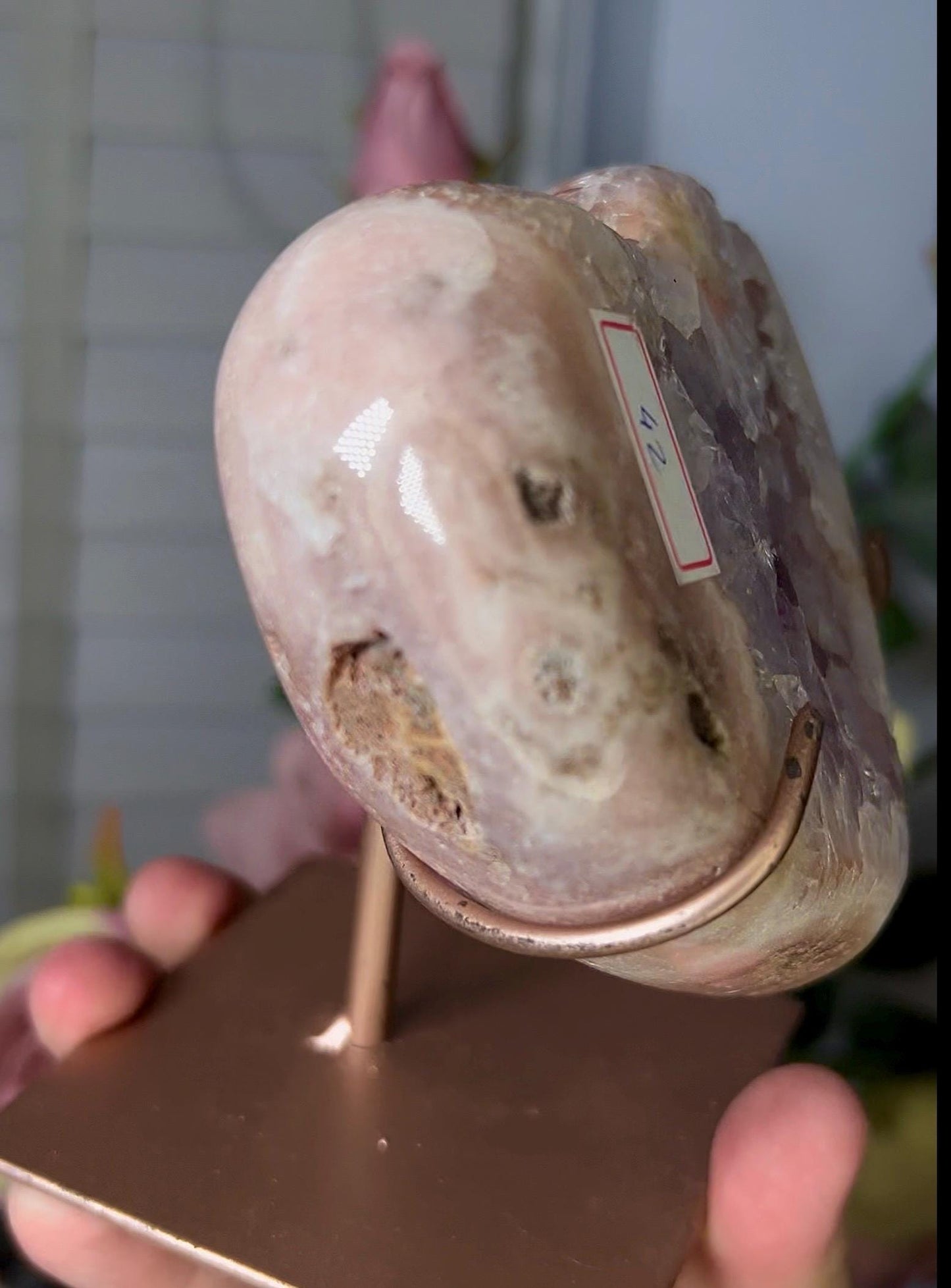 High grade, pink amethyst heart with a Beautiful flower, purple quartz & hematite lining 510g with stand