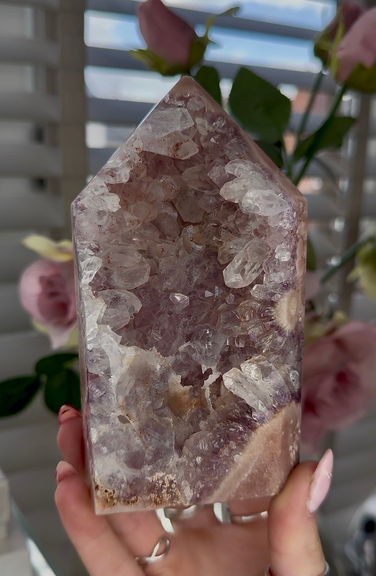 Pink amethyst tower with quartz 14cm(h) 7cm(w)