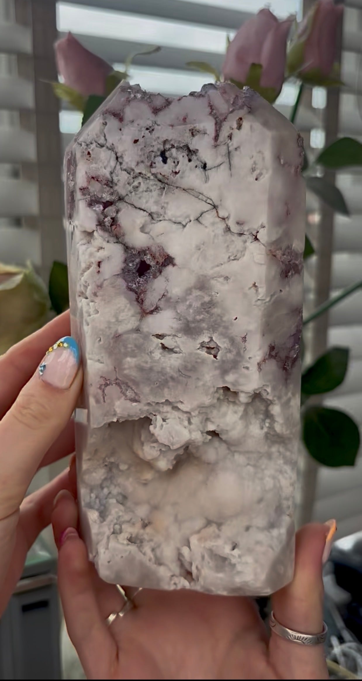 Huge, High quality, Pink amethyst tower, with purple quartz druzy