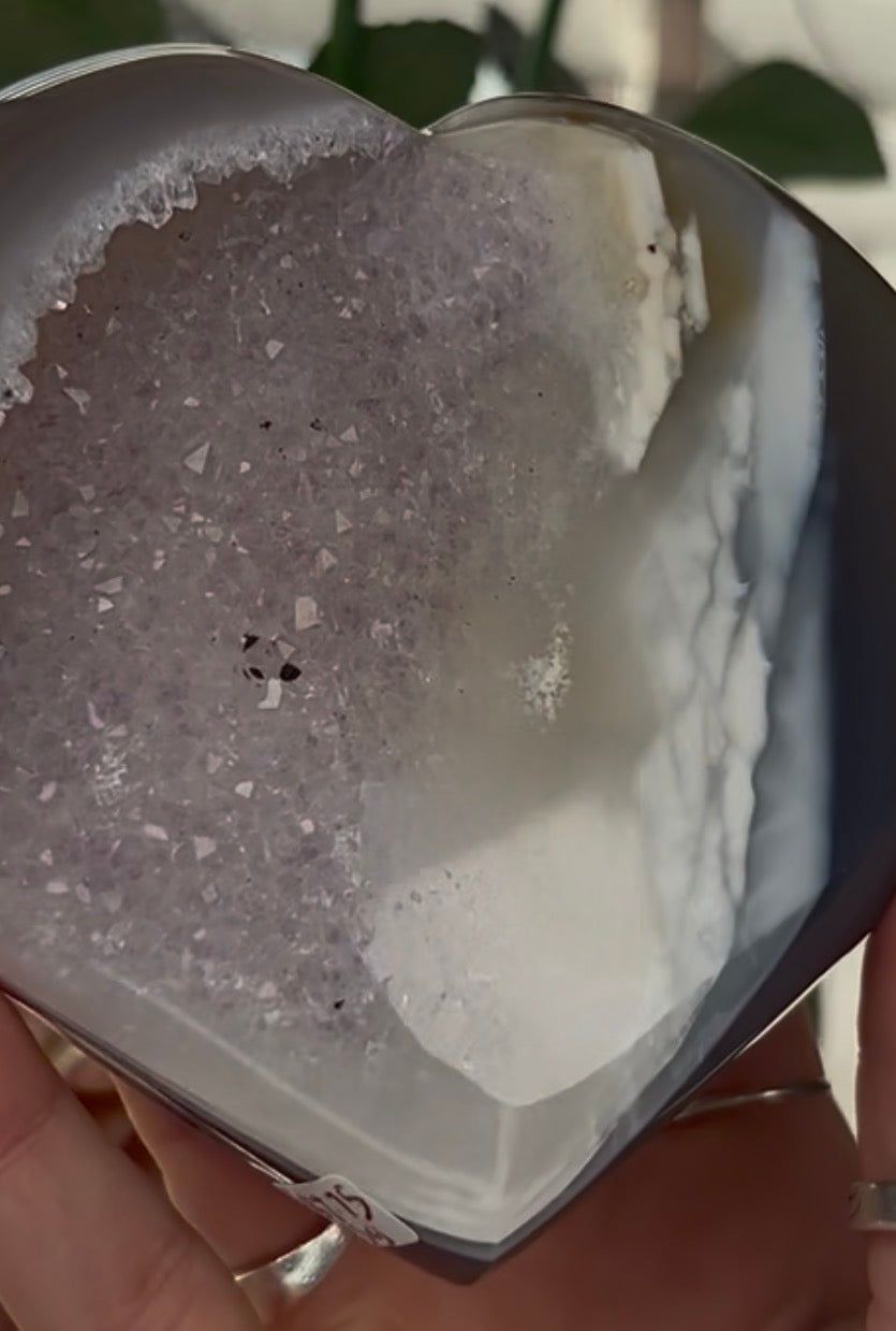 Beautiful, high quality, blue agate heart  with amethyst druzy - stand included