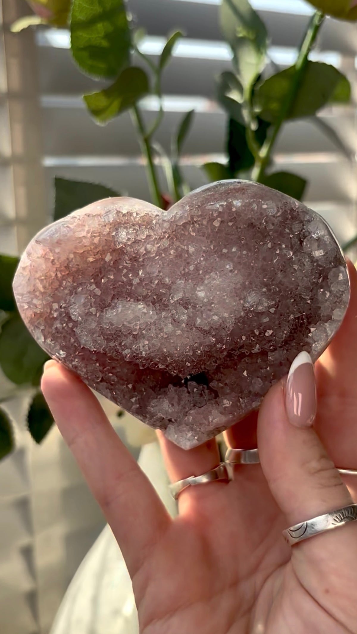 Gorgeous, hq, druzy pink amethyst heart- comes with stand
