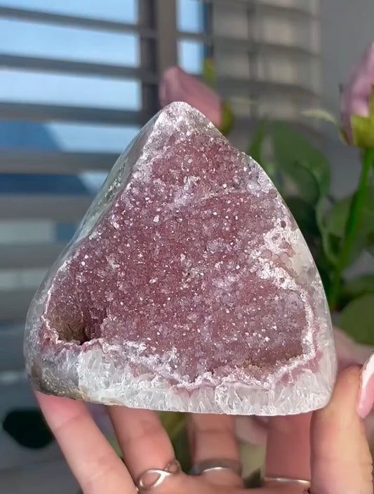 Pink Rainbow amethyst cutbase with a calcite base