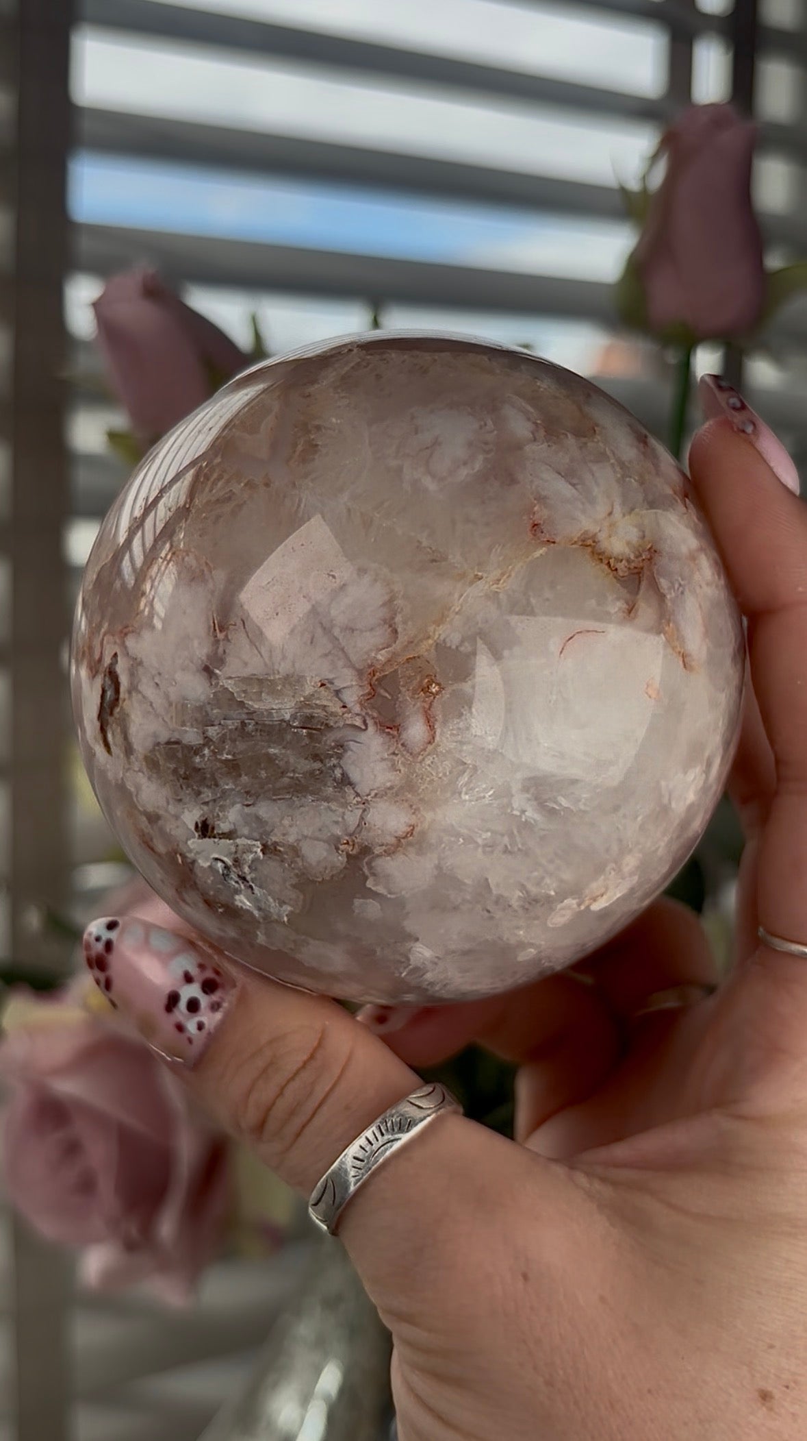 High grade, amethyst Flower agate sphere with high clarity quartz 8.5cm