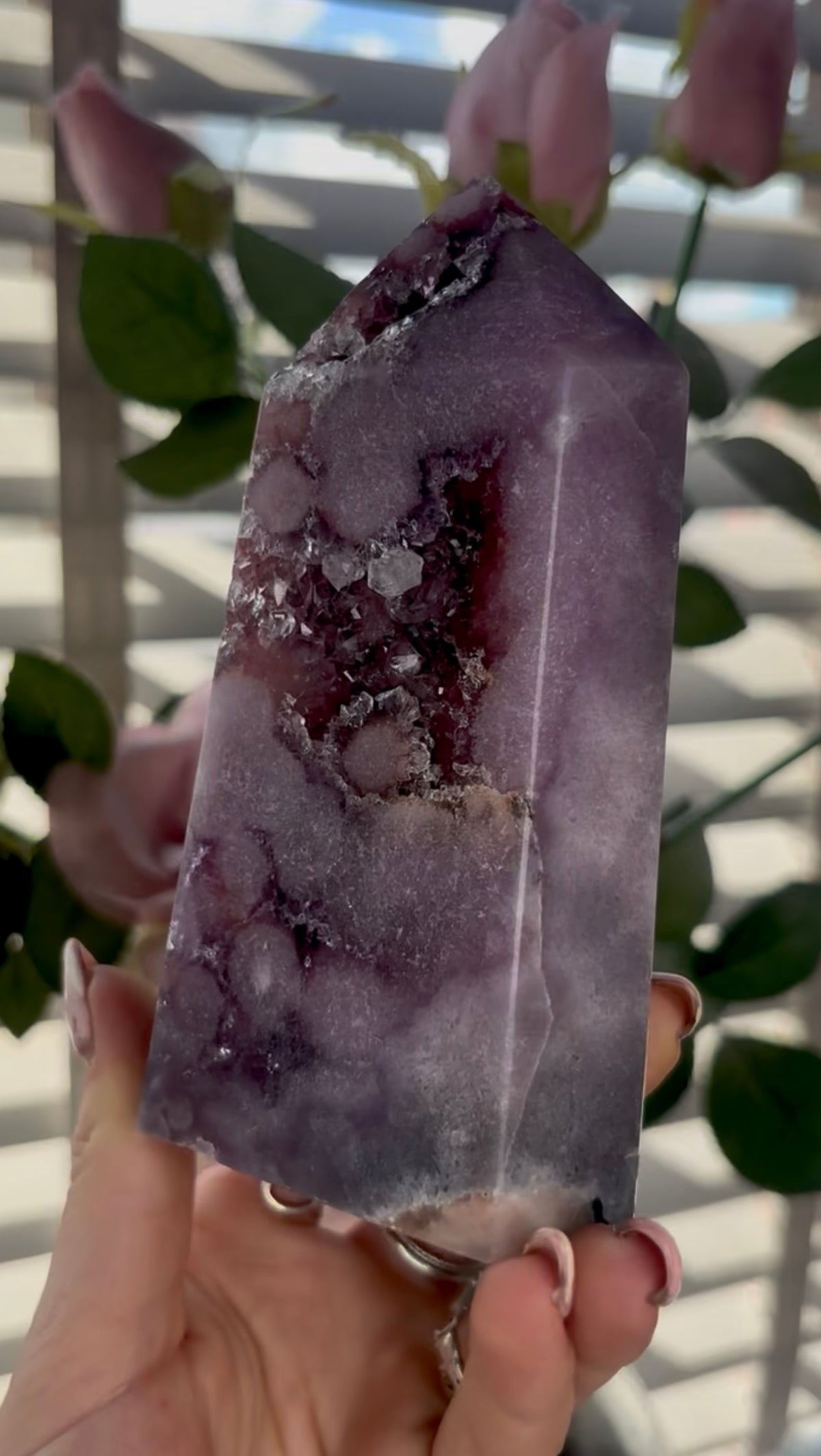 Beautiful, high quality, Pink amethyst tower in lilac tones with vibrant purple druzy