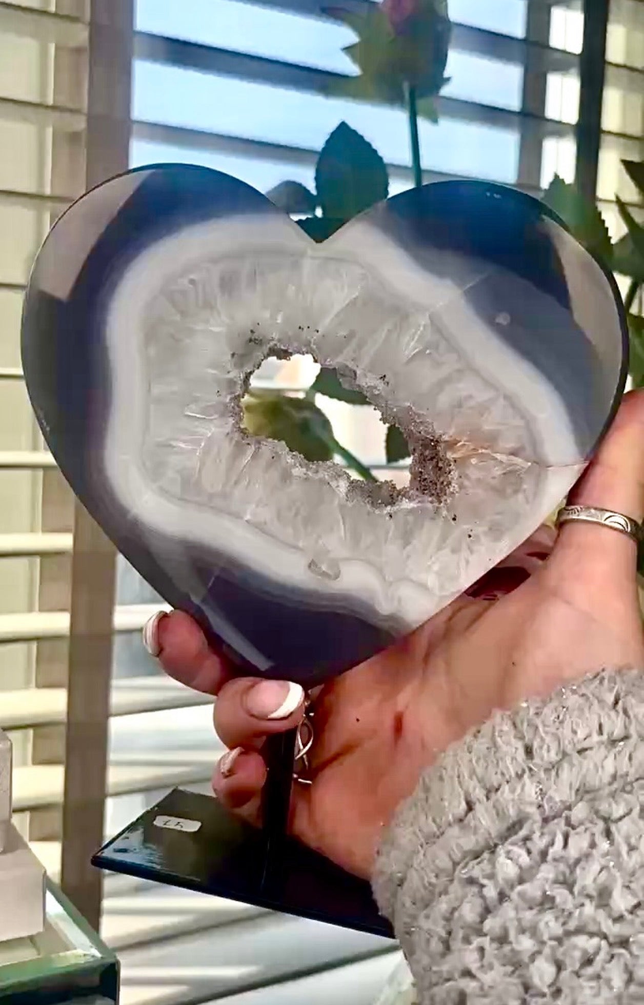 Gorgeous, high grade, blue banded agate heart on stand