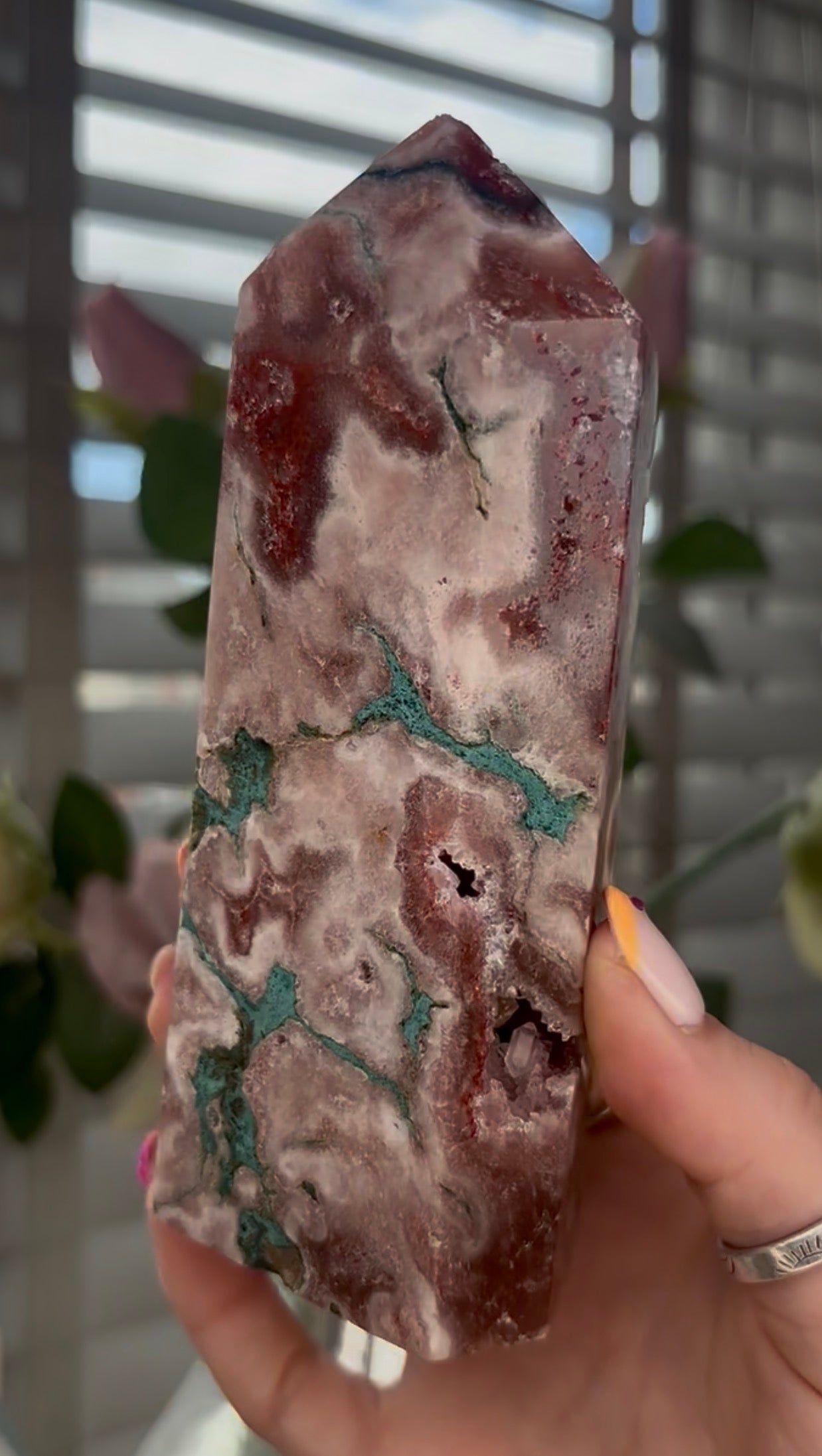 Beautiful, high quality, Pink amethyst tower with Green jasper