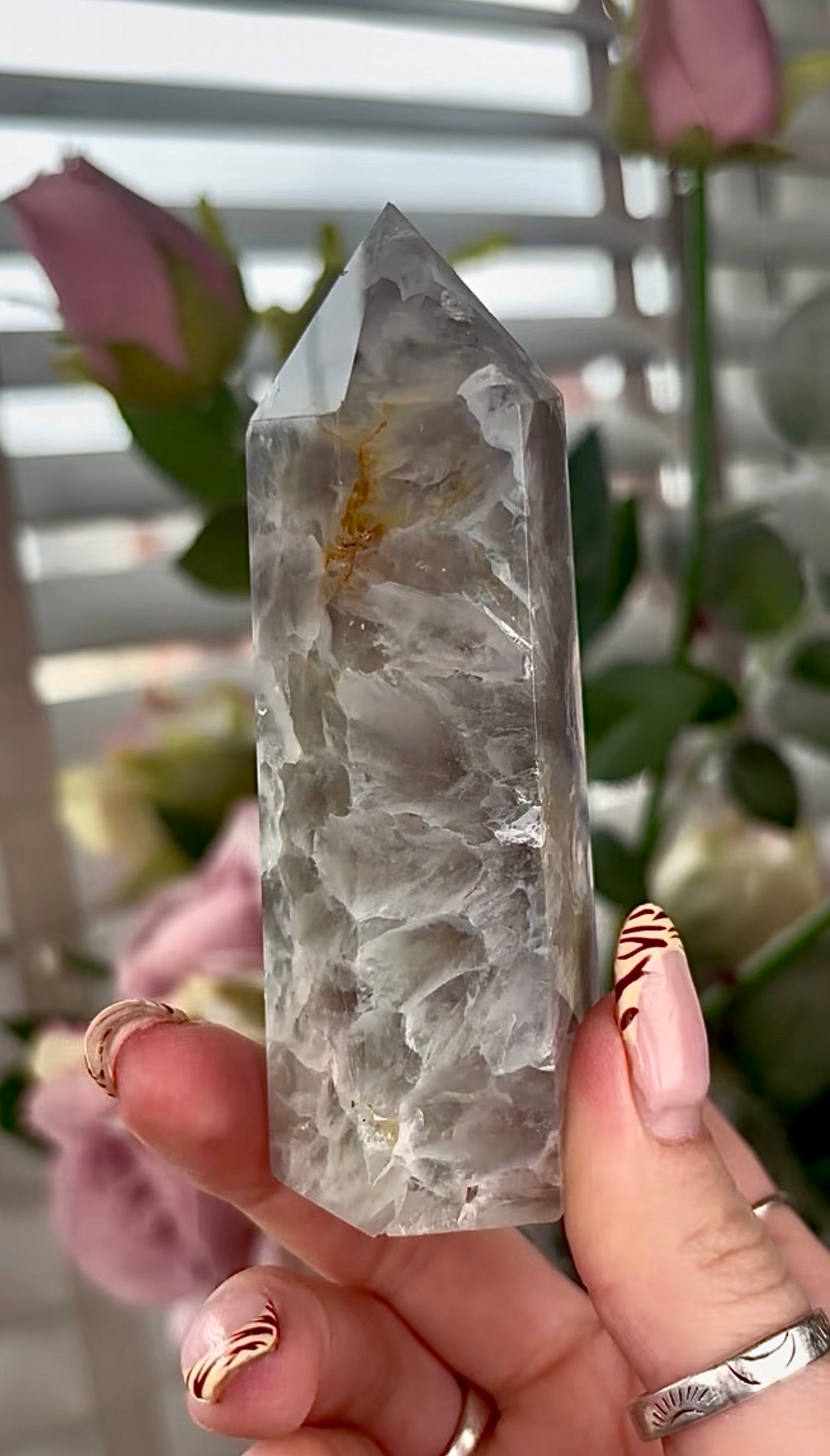 Stunning!! Super high quality, Druzy, green chlorite x blue flower agate tower