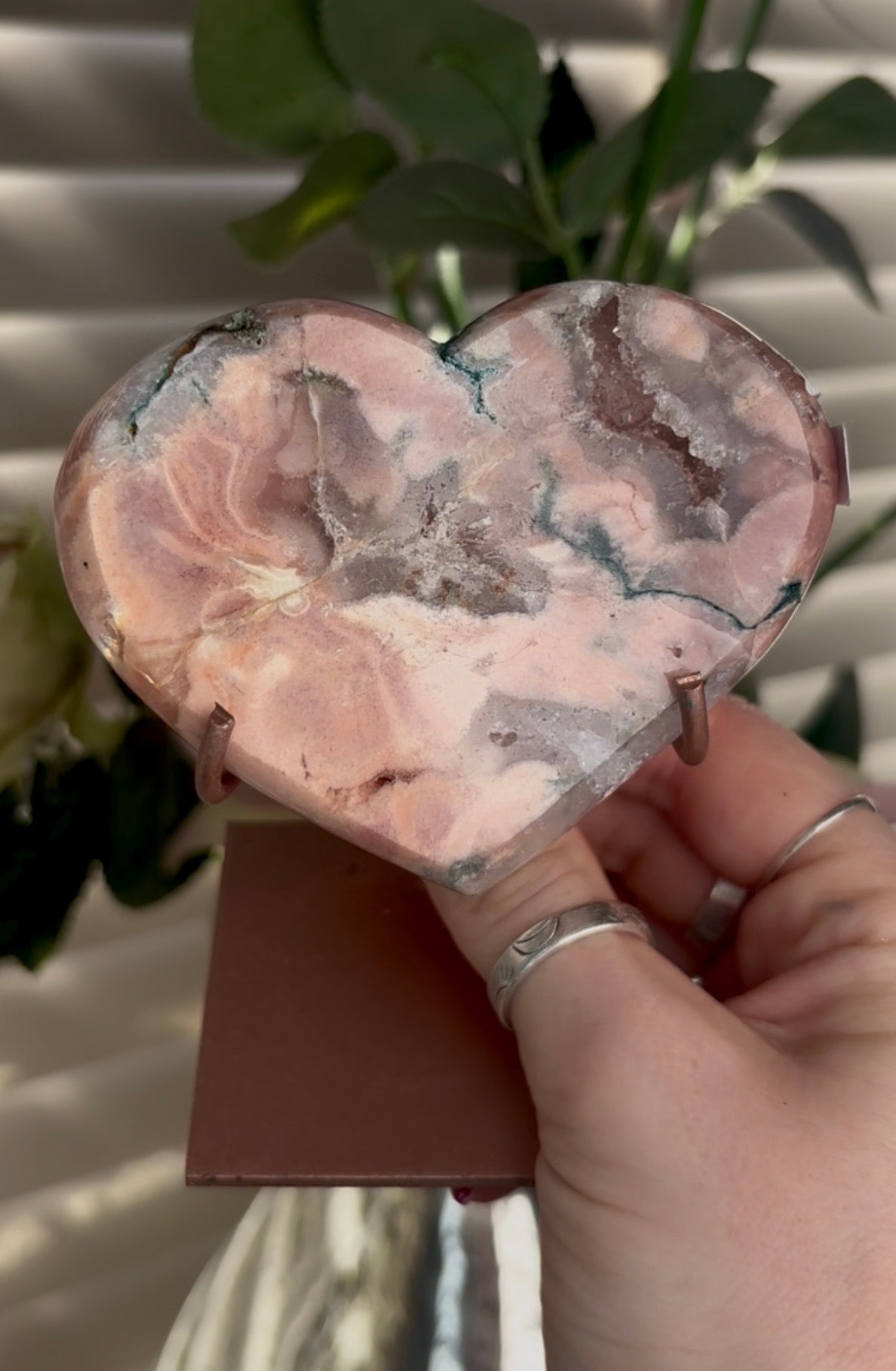 Gorgeous pink amethyst & jasper heart in peach tones  - comes with stand