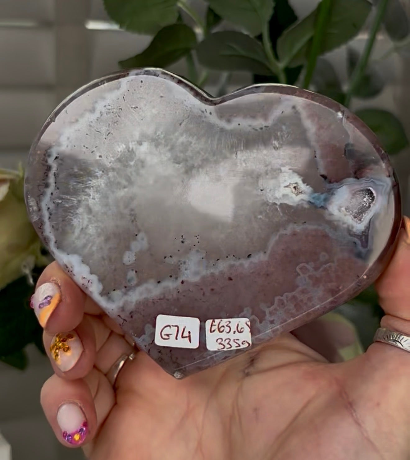 Beautiful, high grade, agate heart with druzy - comes with stand