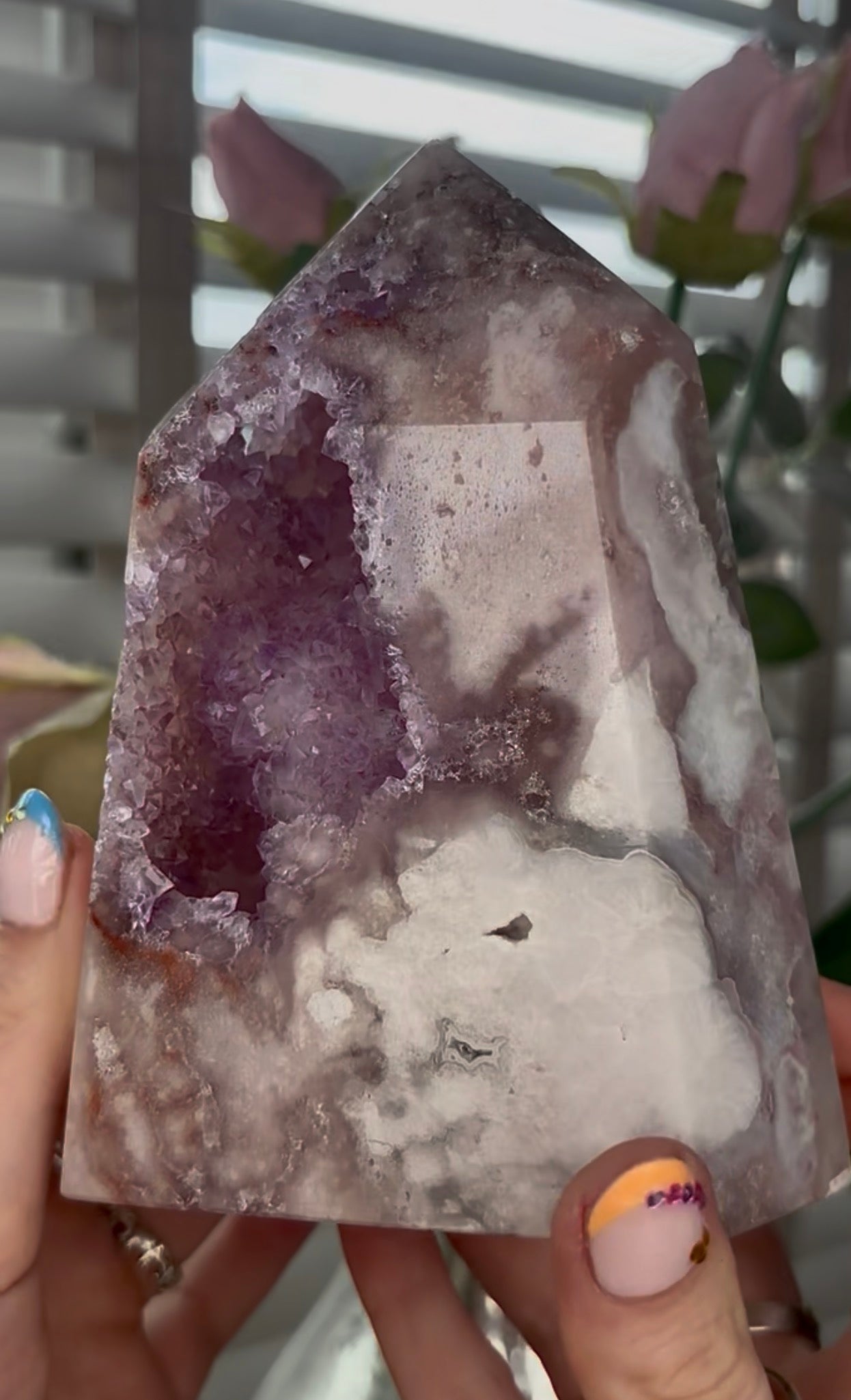 Huge, Beautiful, Pink amethyst tower with purple quartz druzy