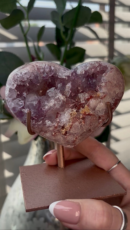 Gorgeous, high quality, pink amethyst heart with lilac quartz - comes with stand