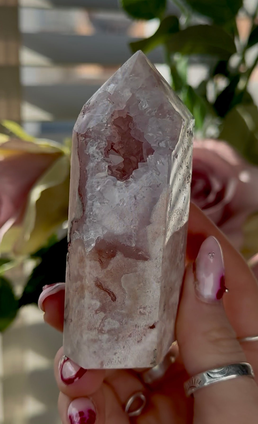 Pink amethyst tower with quartz 9.5cm(h) 4.5cm(w)