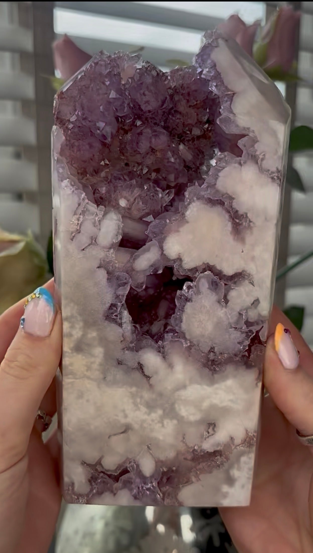 Huge, High quality, Pink amethyst tower, with purple quartz druzy