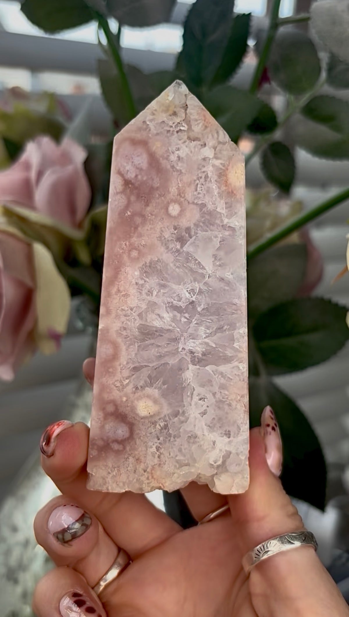 Pink amethyst Flower agate tower with quartz