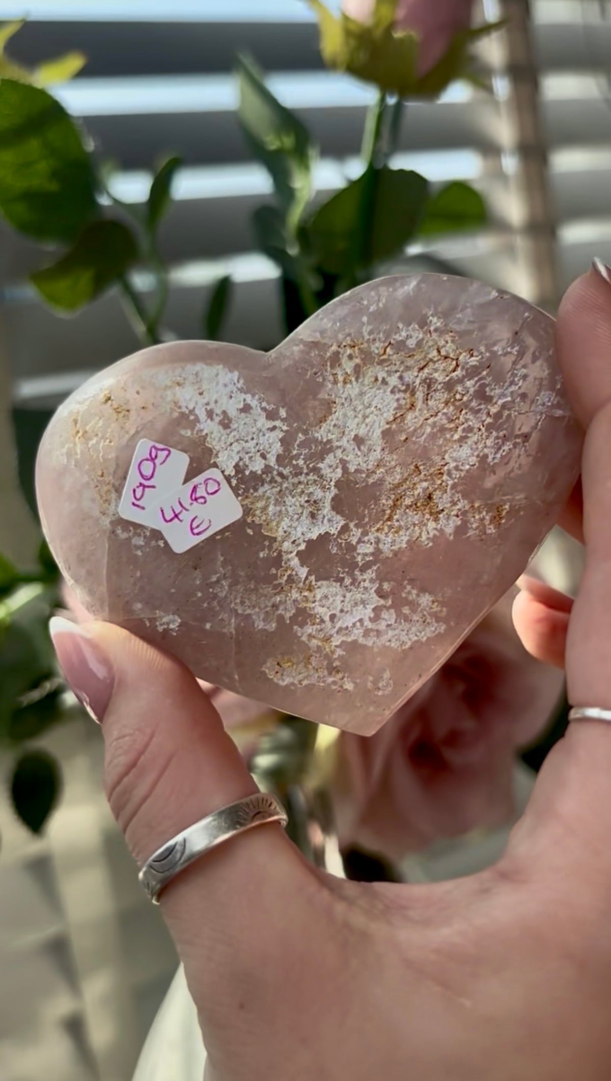 Gorgeous, high quality, pink amethyst quartz heart- comes with stand