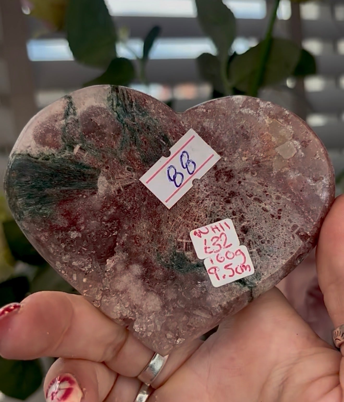 Beautiful pink amethyst heart with green Jasper  - comes with stand (9.5cm)