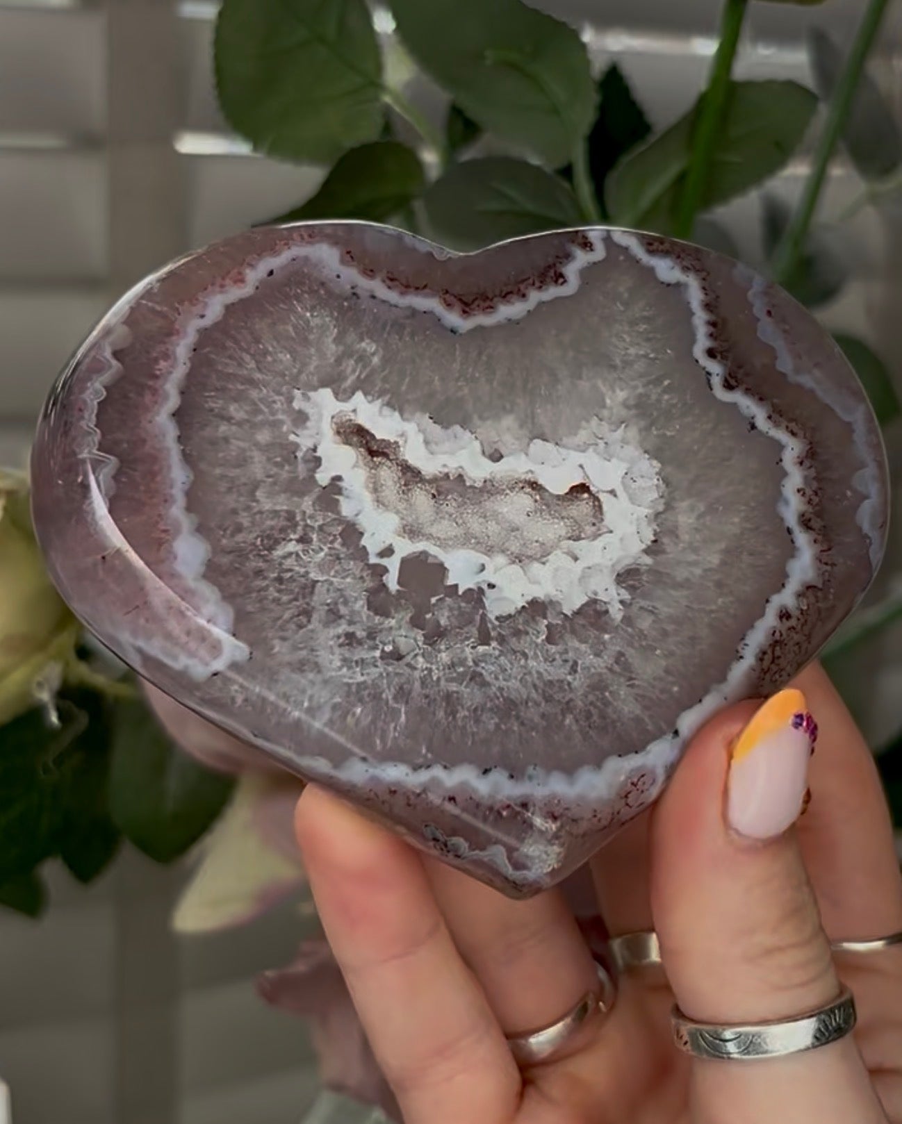 Beautiful, high grade, agate heart with druzy - comes with stand