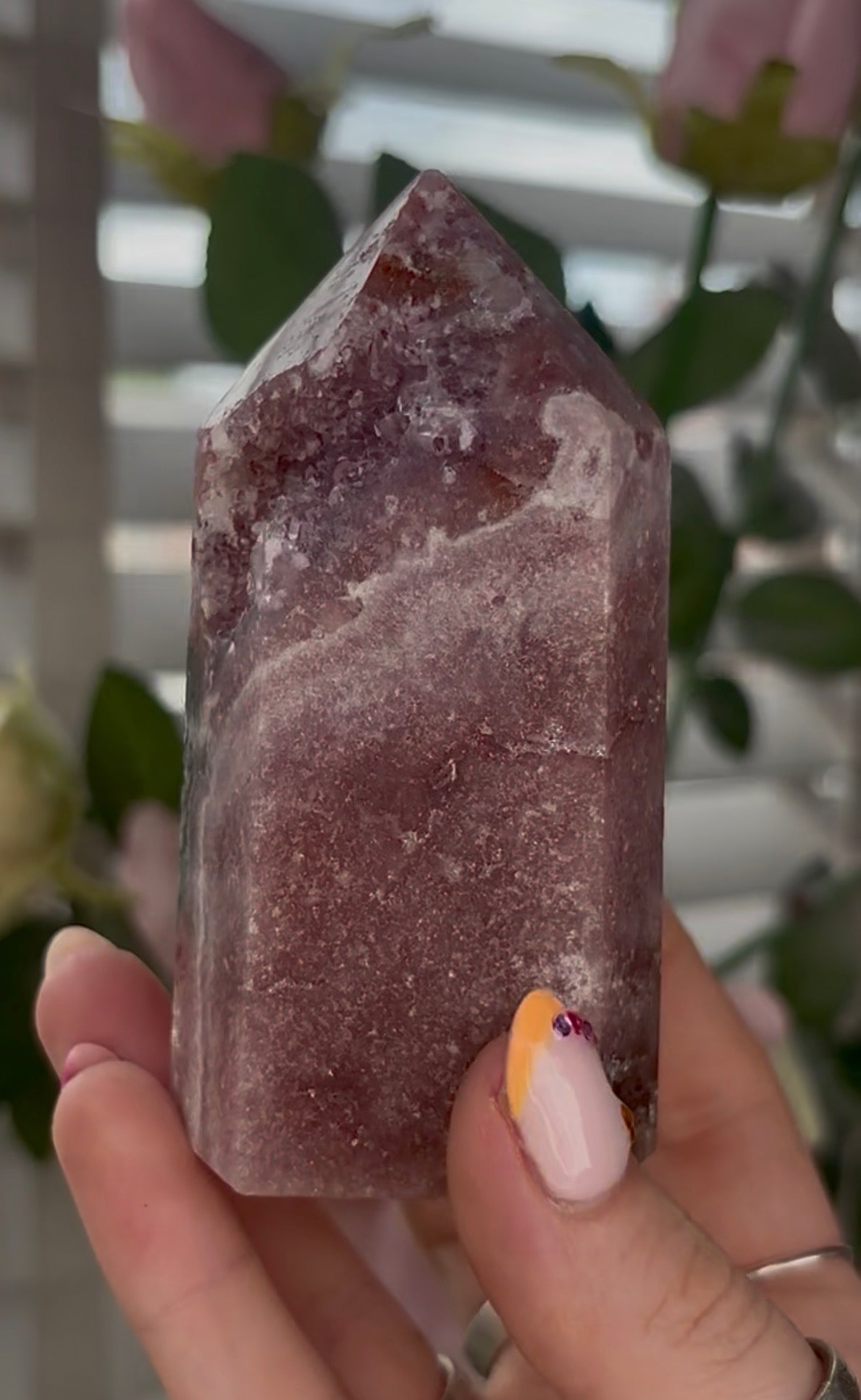 Pretty, Pink amethyst tower, with Green jasper