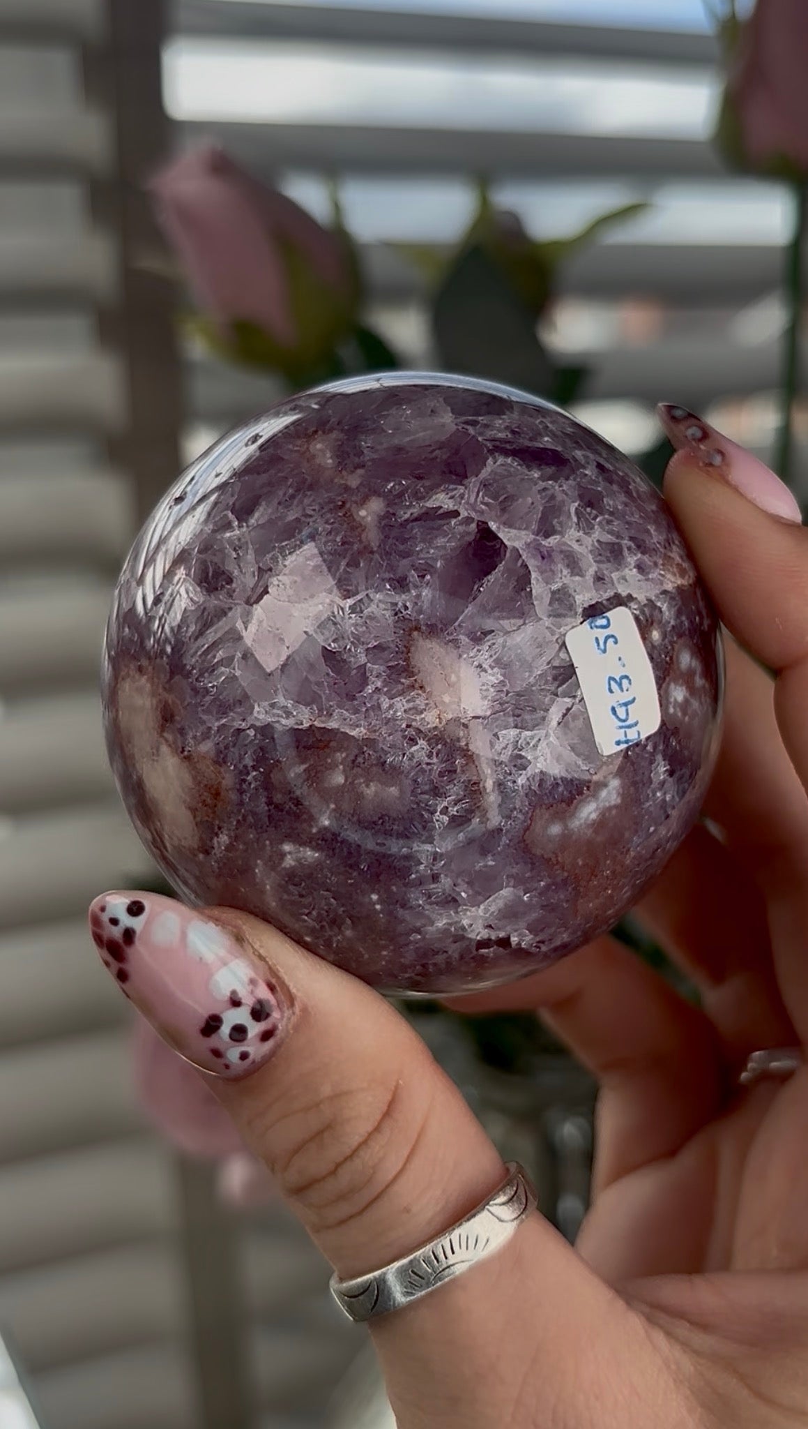High grade, amethyst Flower agate sphere with high clarity quartz