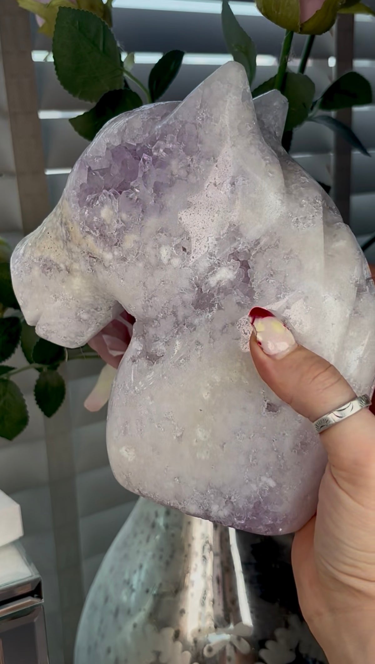 High grade, large, pink amethyst horse carving