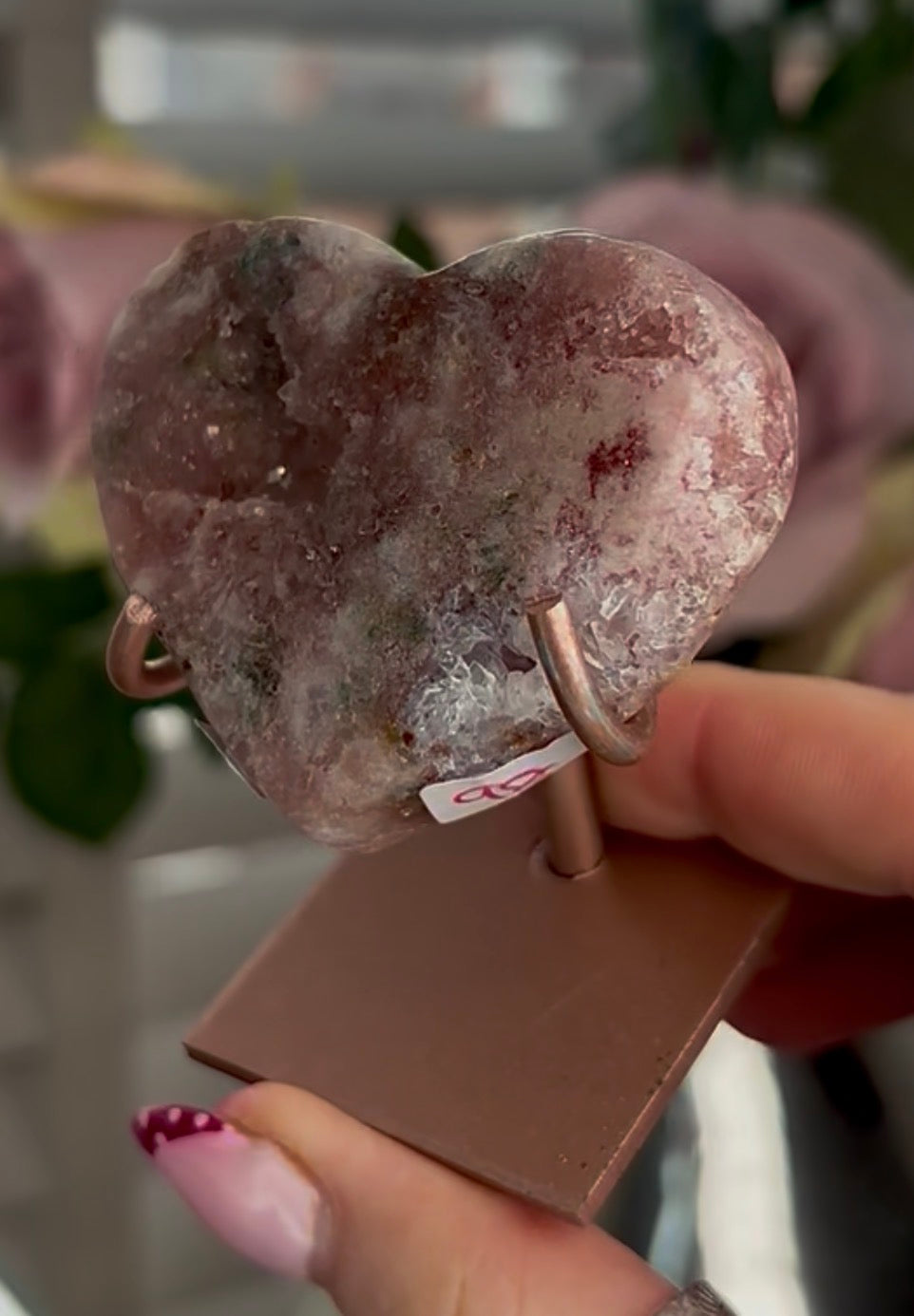 Mini pink amethyst heart - comes with stand