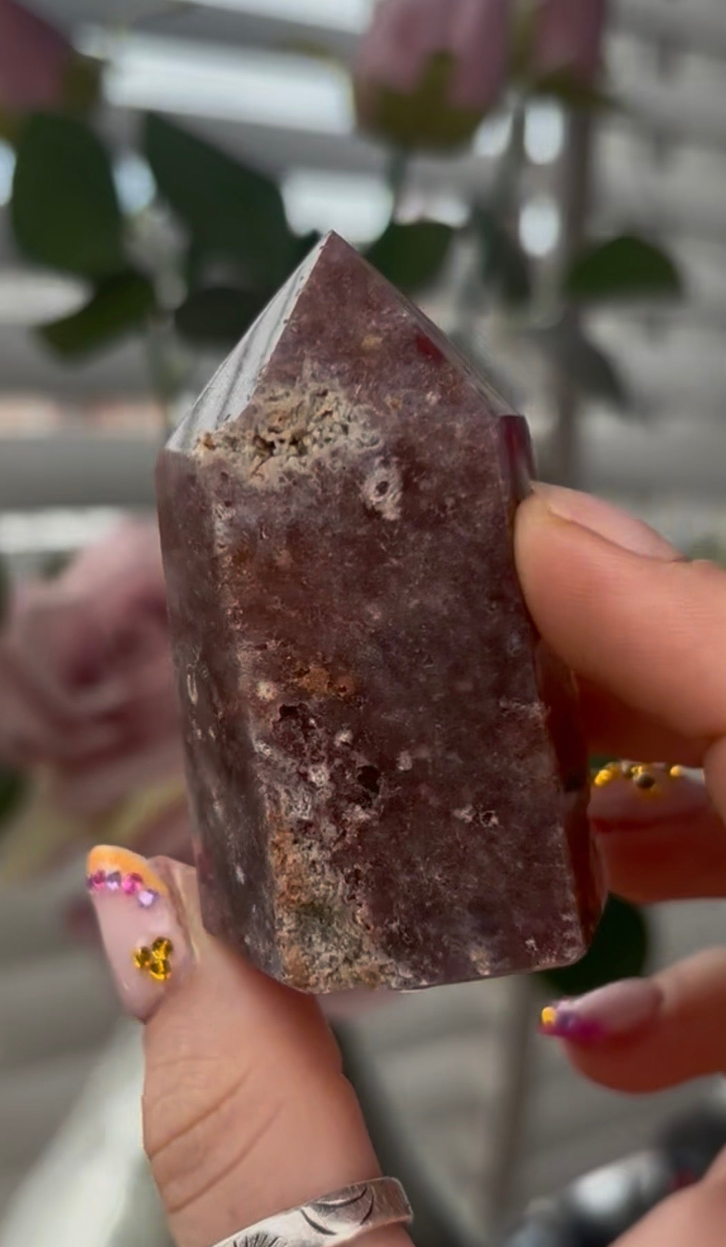 Small, High quality, Pink amethyst tower, with druzy