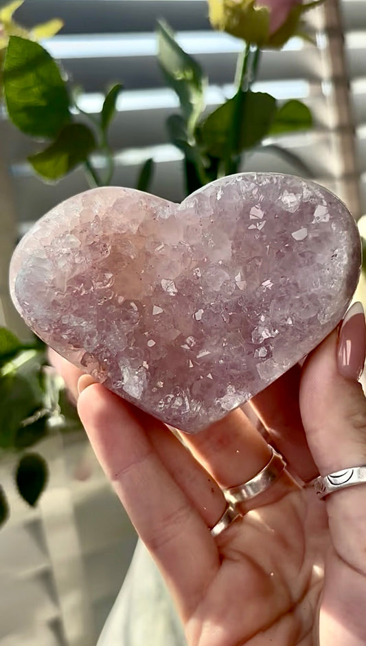 Gorgeous, high quality, pink amethyst quartz heart- comes with stand