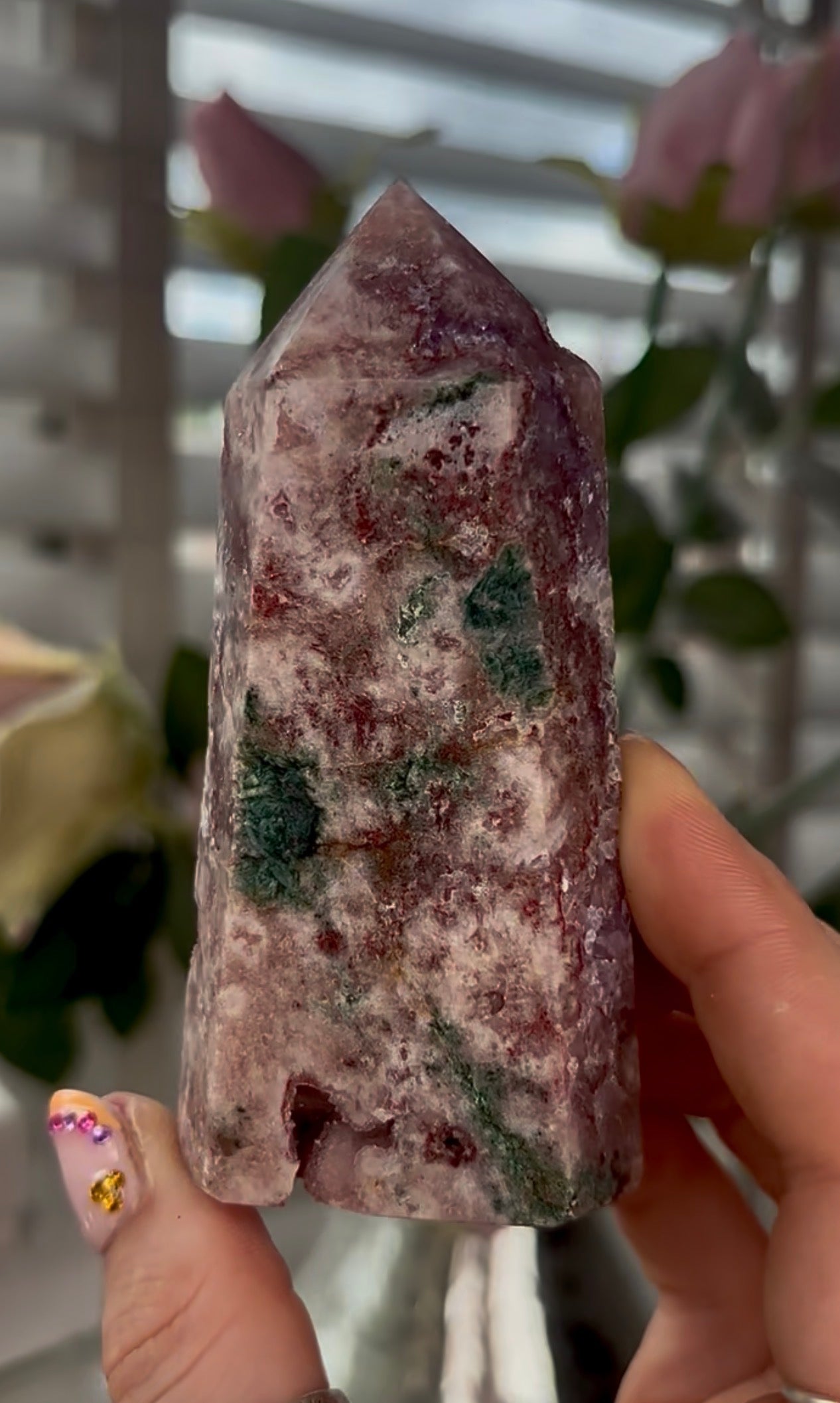 Pretty, Pink amethyst tower with Druzy & green Jasper