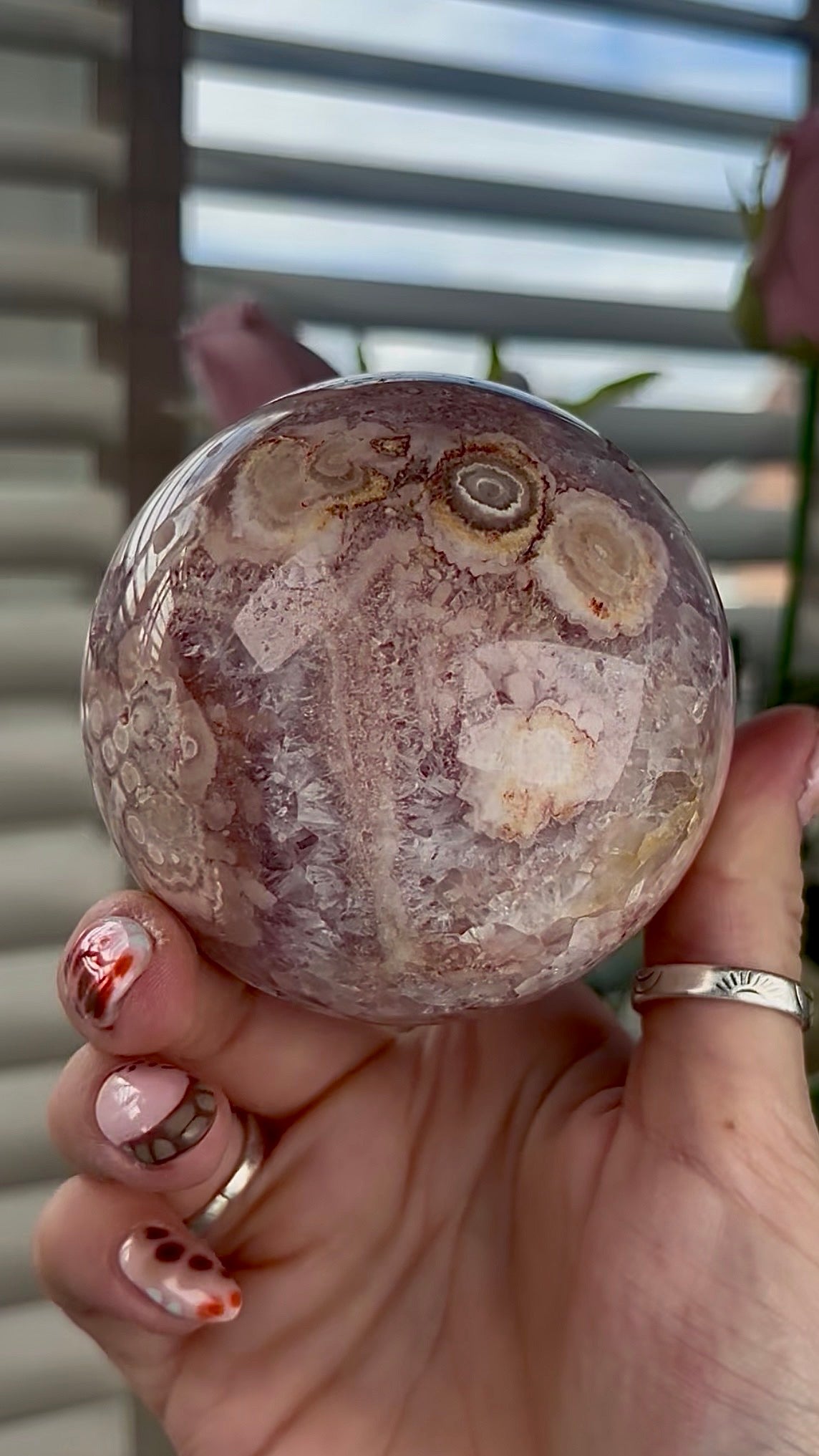 High grade, amethyst Flower agate sphere with high clarity quartz 8cm