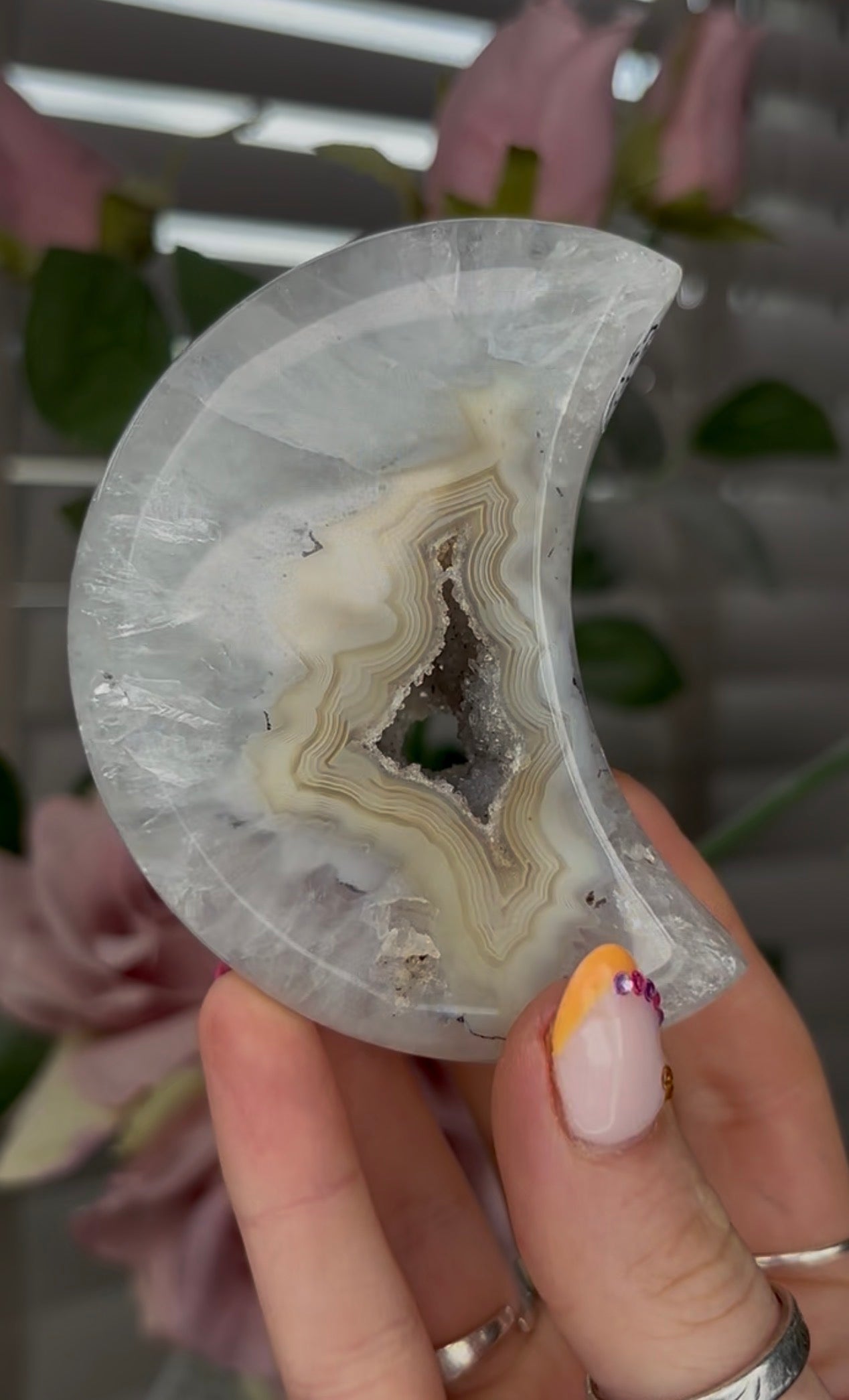 Beautiful, agate moon with druzy - comes with stand
