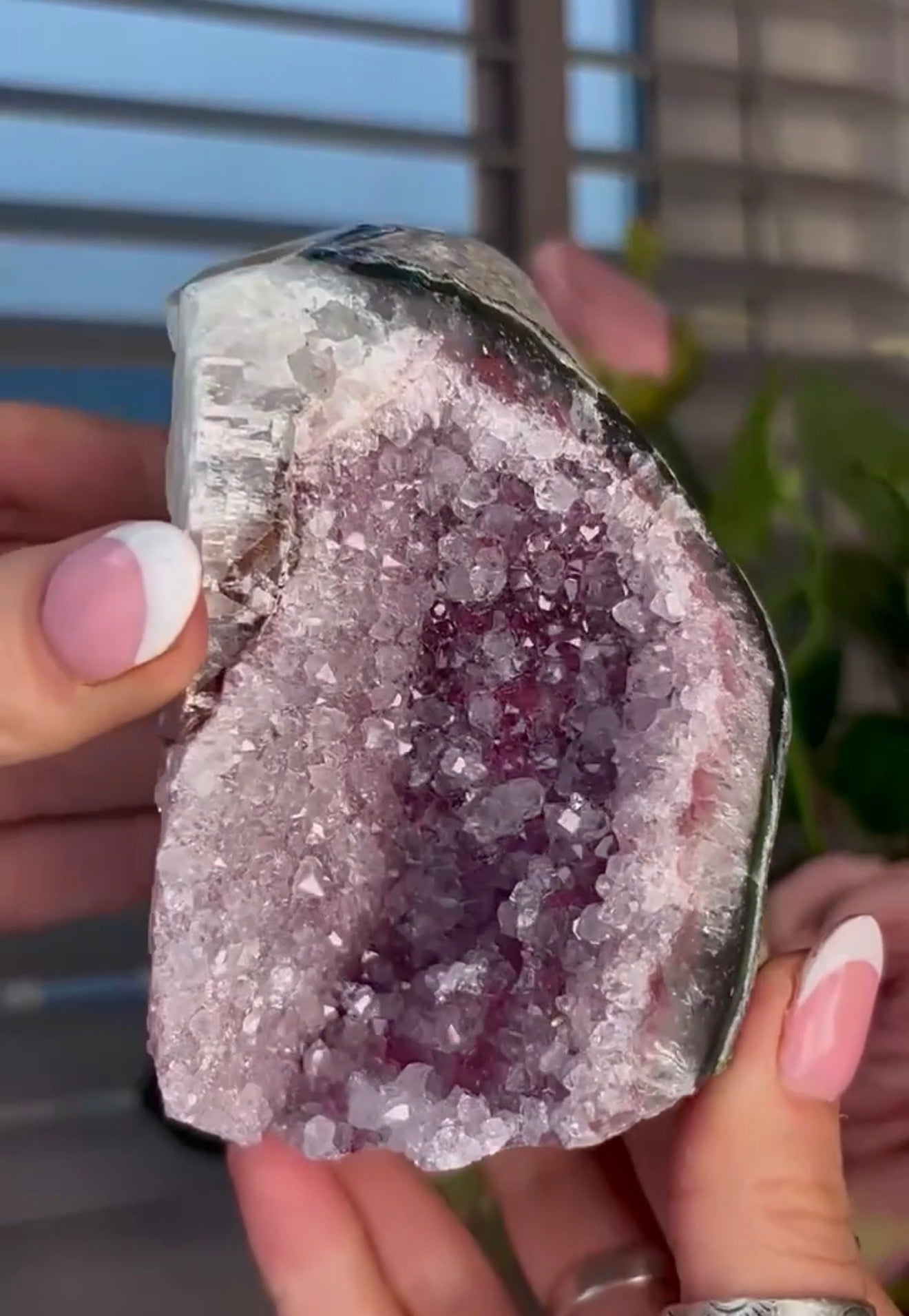 High quality, lavender, pink toned, double cave rainbow amethyst, cutbase with calcite