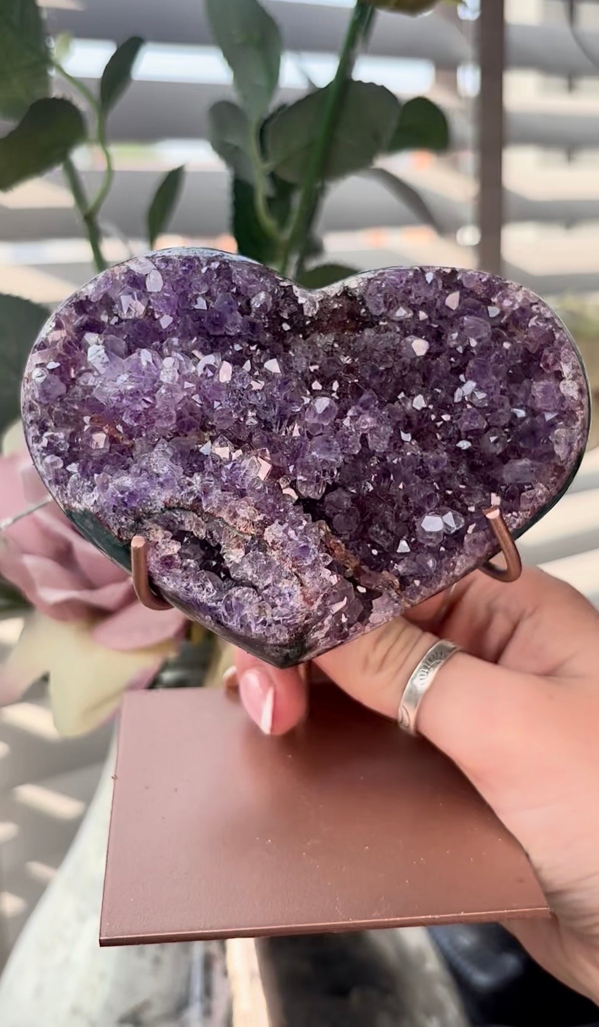 Gorgeous, high quality, pink amethyst heart with Jasper - comes with stand