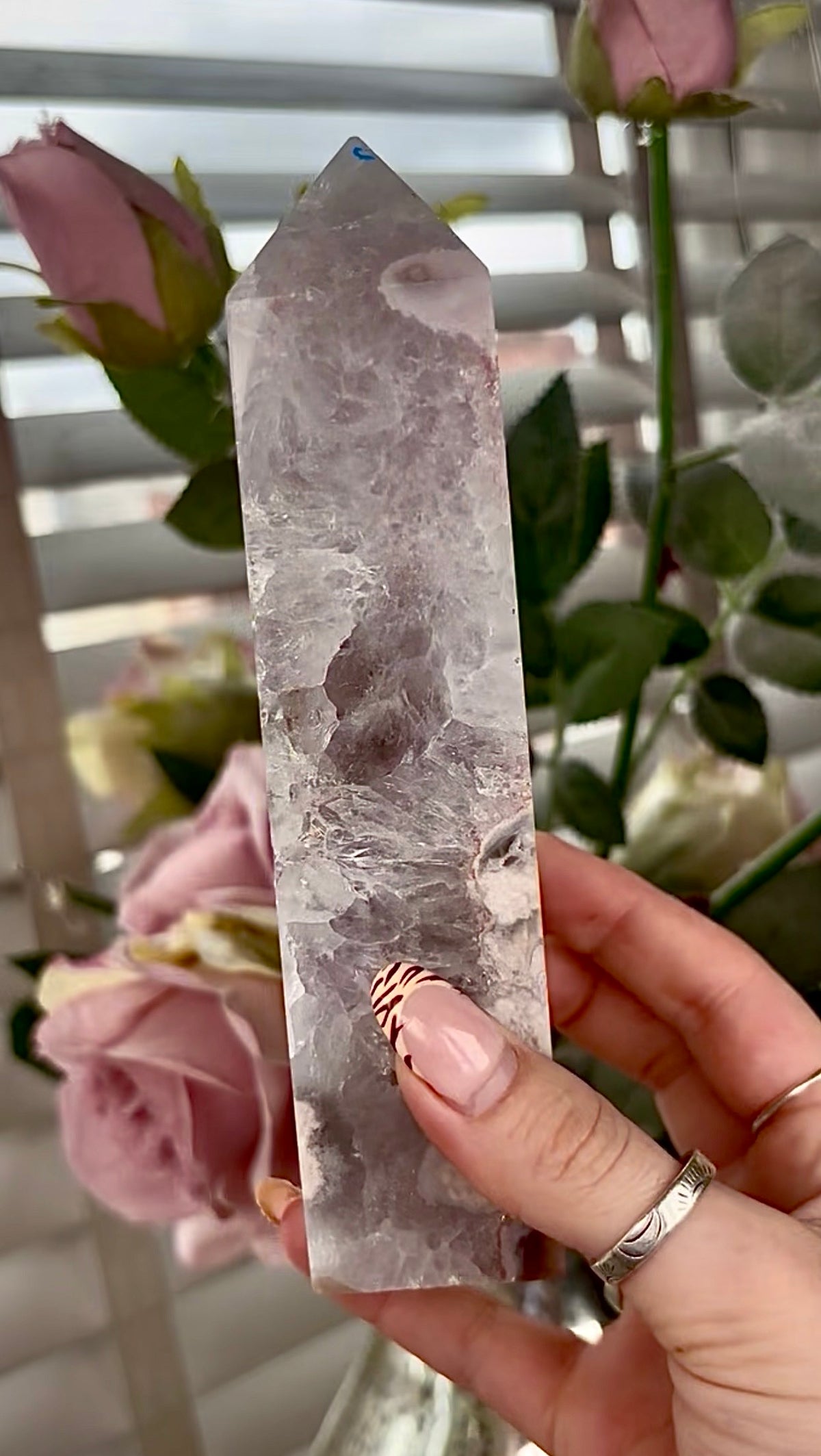 Stunning!! Super high quality, Druzy, green chlorite x blue flower agate tower