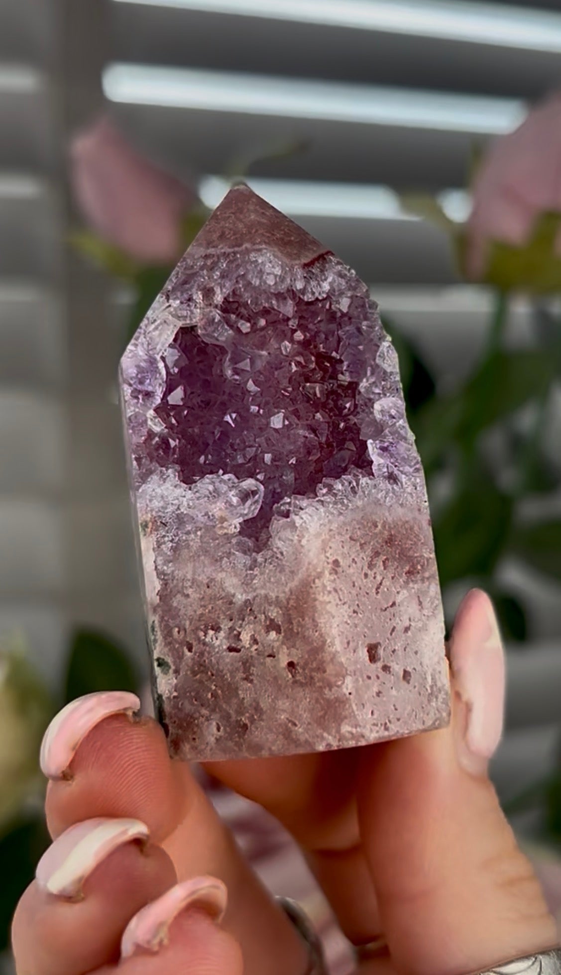 Beautiful, high quality, Pink amethyst tower with purple quartz druzy - 6.3cm by 3.5cm