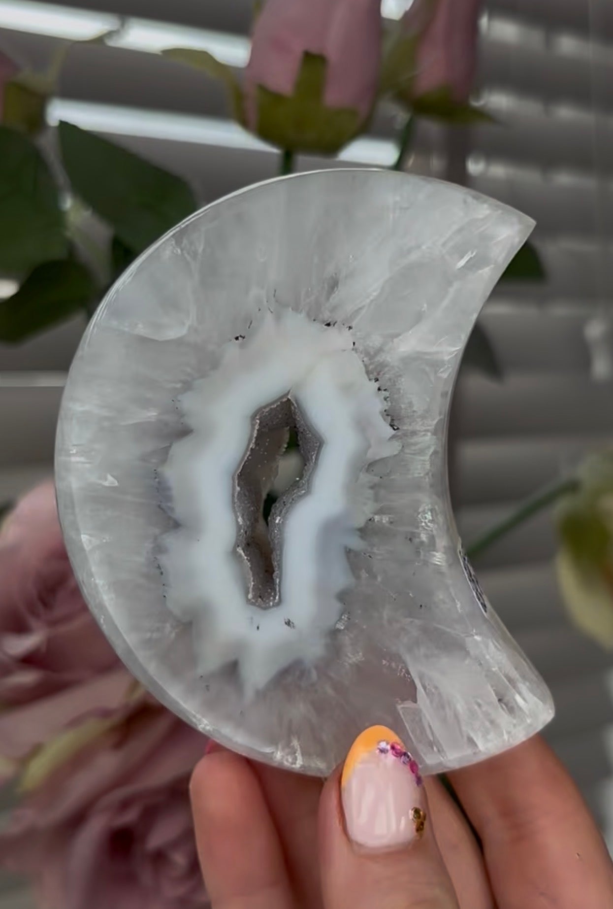Beautiful, high grade, agate moon with druzy - comes with stand