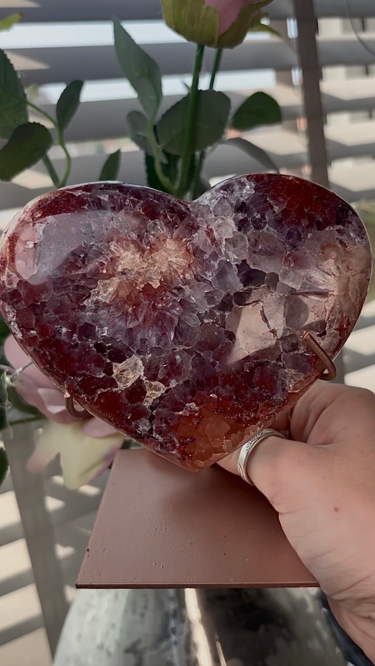 Gorgeous, high quality, pink amethyst heart with red quartz - comes with stand
