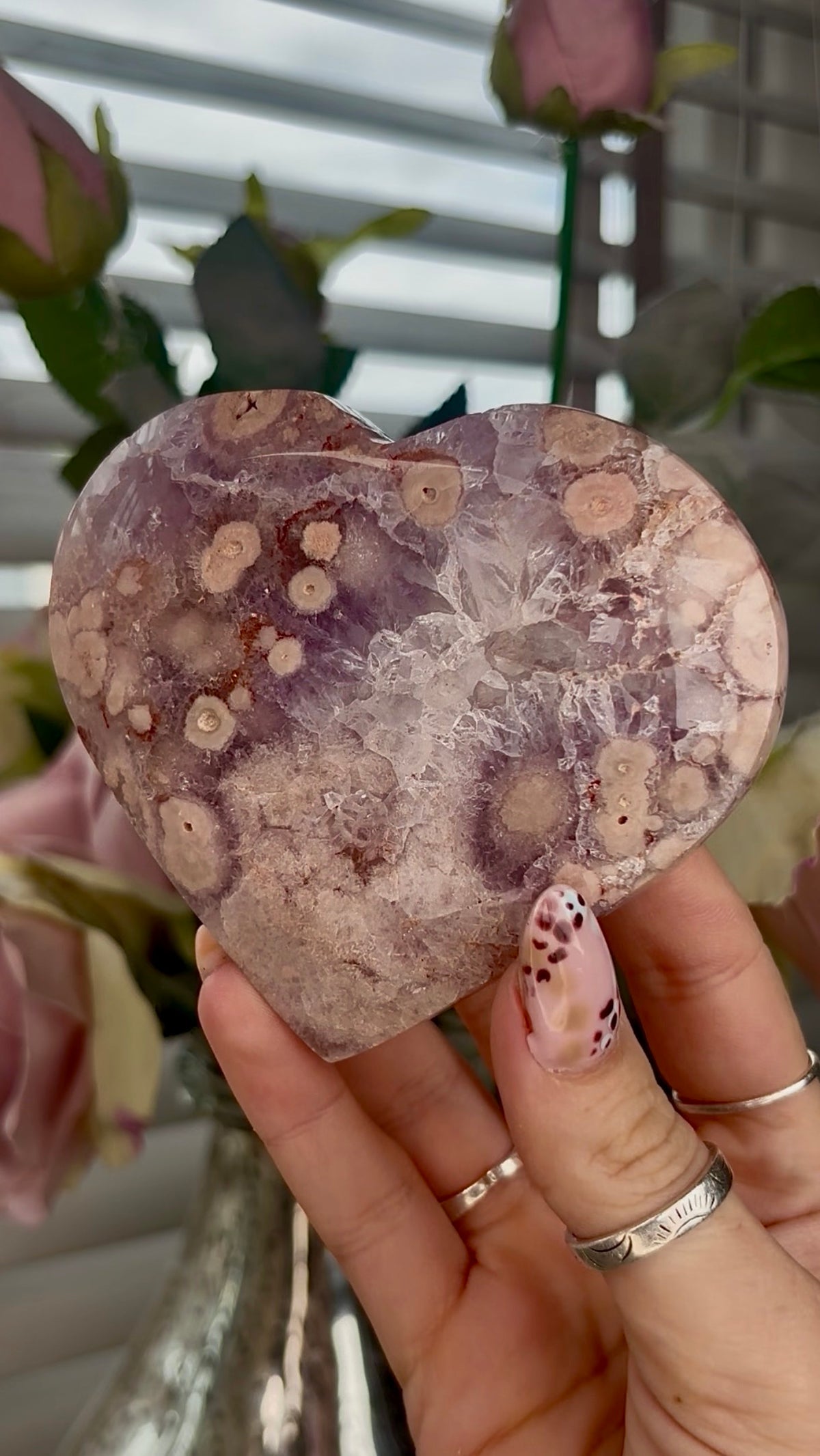 High grade, Amethyst Flower agate heart with stand