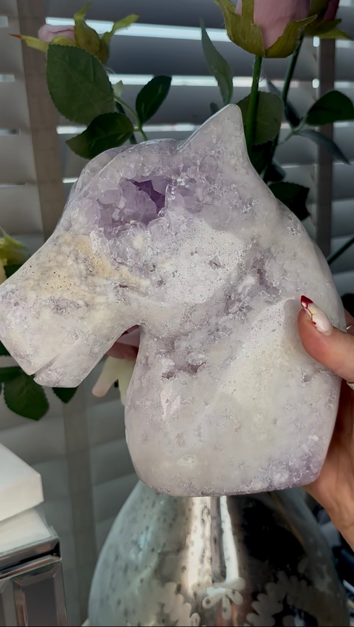 High grade, large, pink amethyst horse carving
