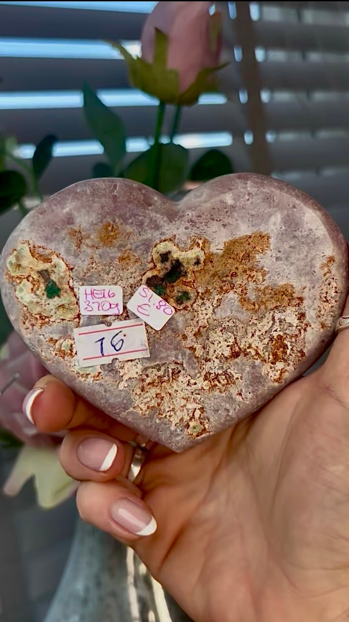 Gorgeous, pink amethyst heart - comes with stand