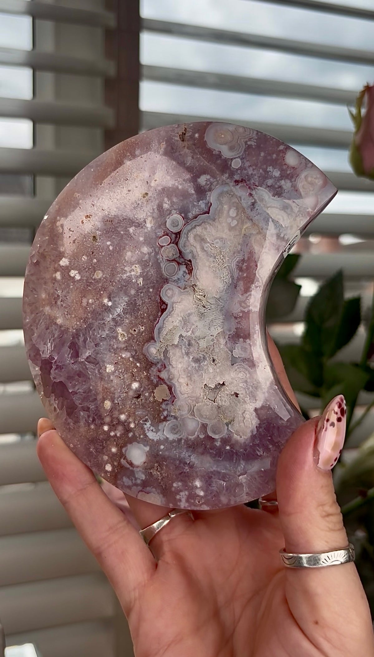 High grade, amethyst Flower agate moon with high clarity quartz