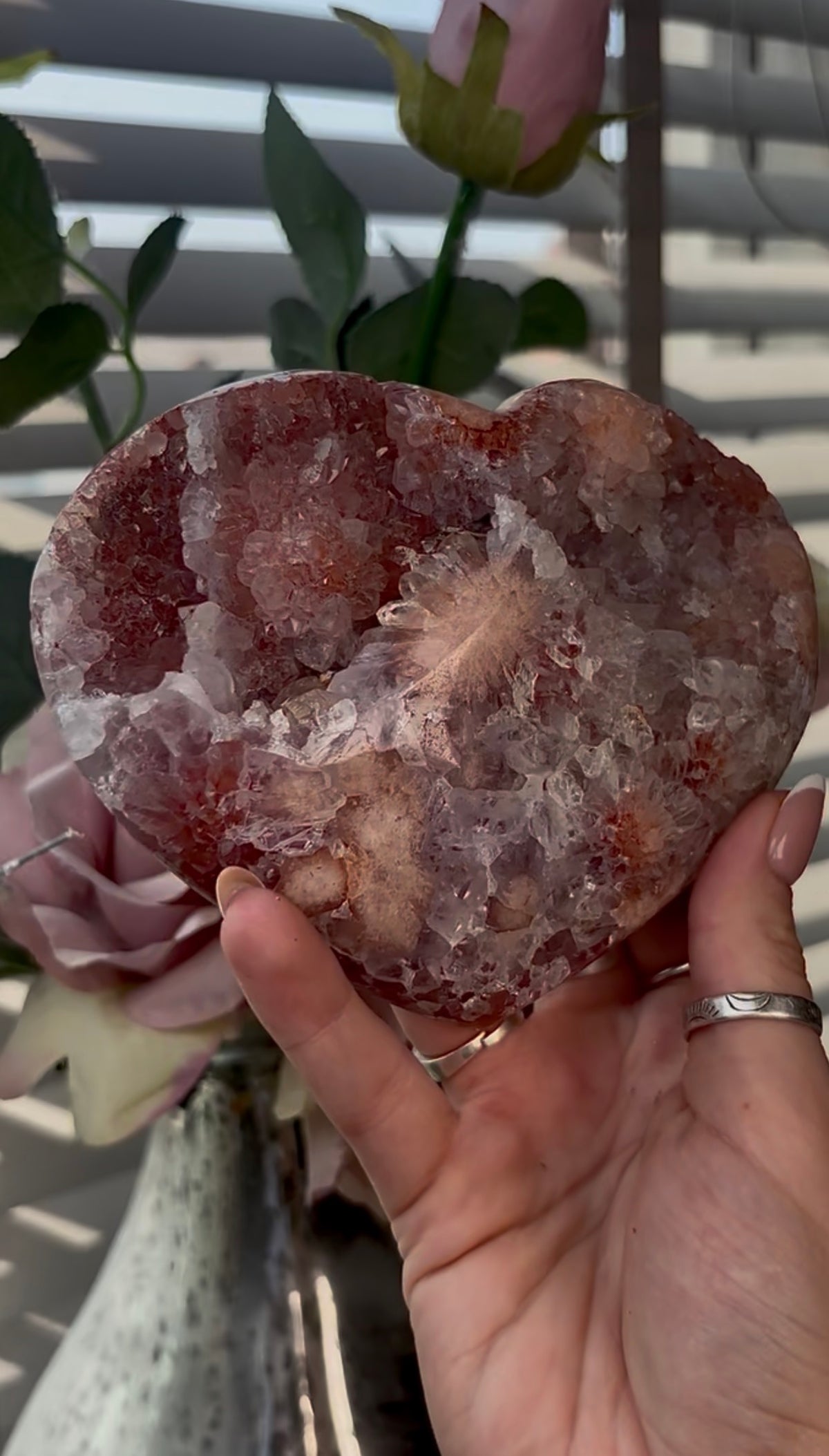 Gorgeous, high quality, pink amethyst heart with Jasper - comes with stand