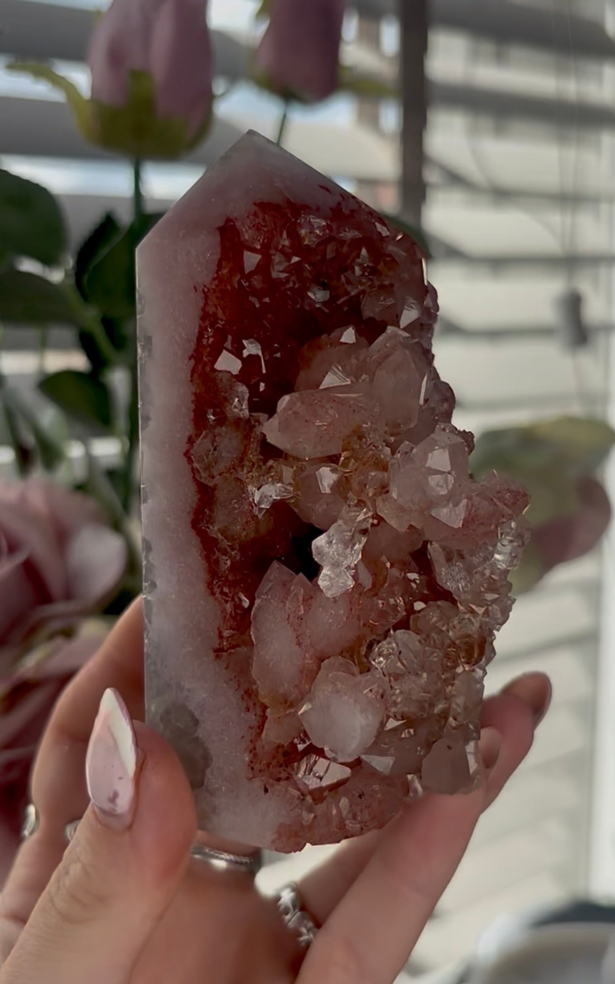 Beautiful, high quality, Pink amethyst tower in burnt orange/red tones with chewing gum druzy
