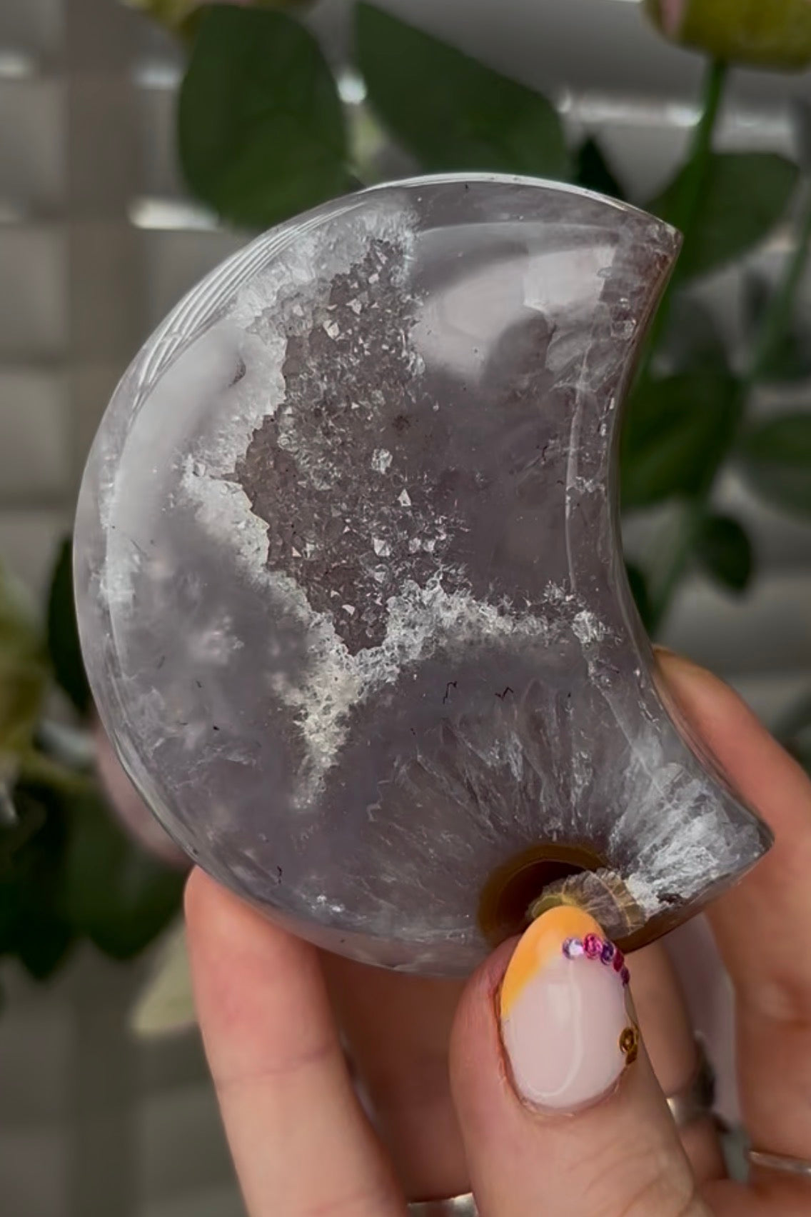 Beautiful, high grade, agate moon with druzy - comes with stand