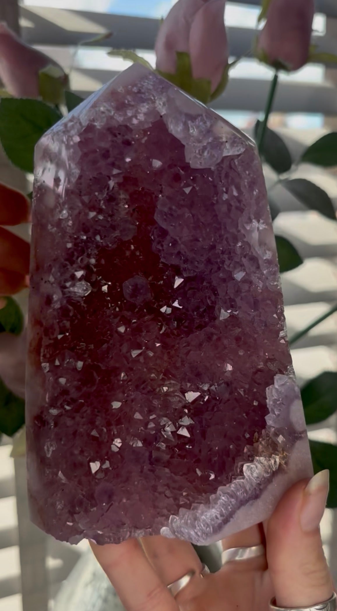 Beautiful, high quality, Pink amethyst tower in lilac tones with vibrant purple druzy