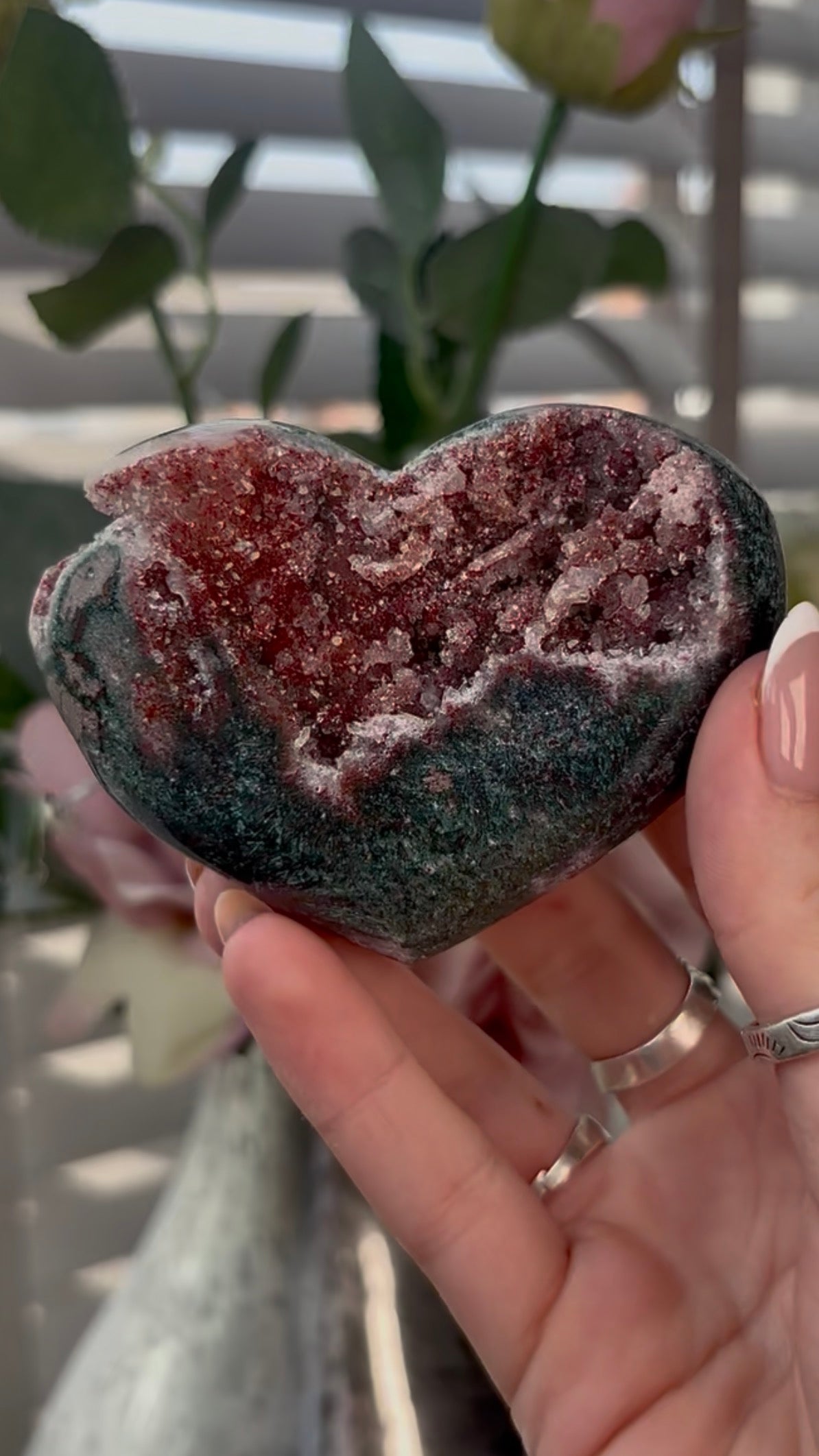 Gorgeous, high quality, pink amethyst heart with Jasper - comes with stand (