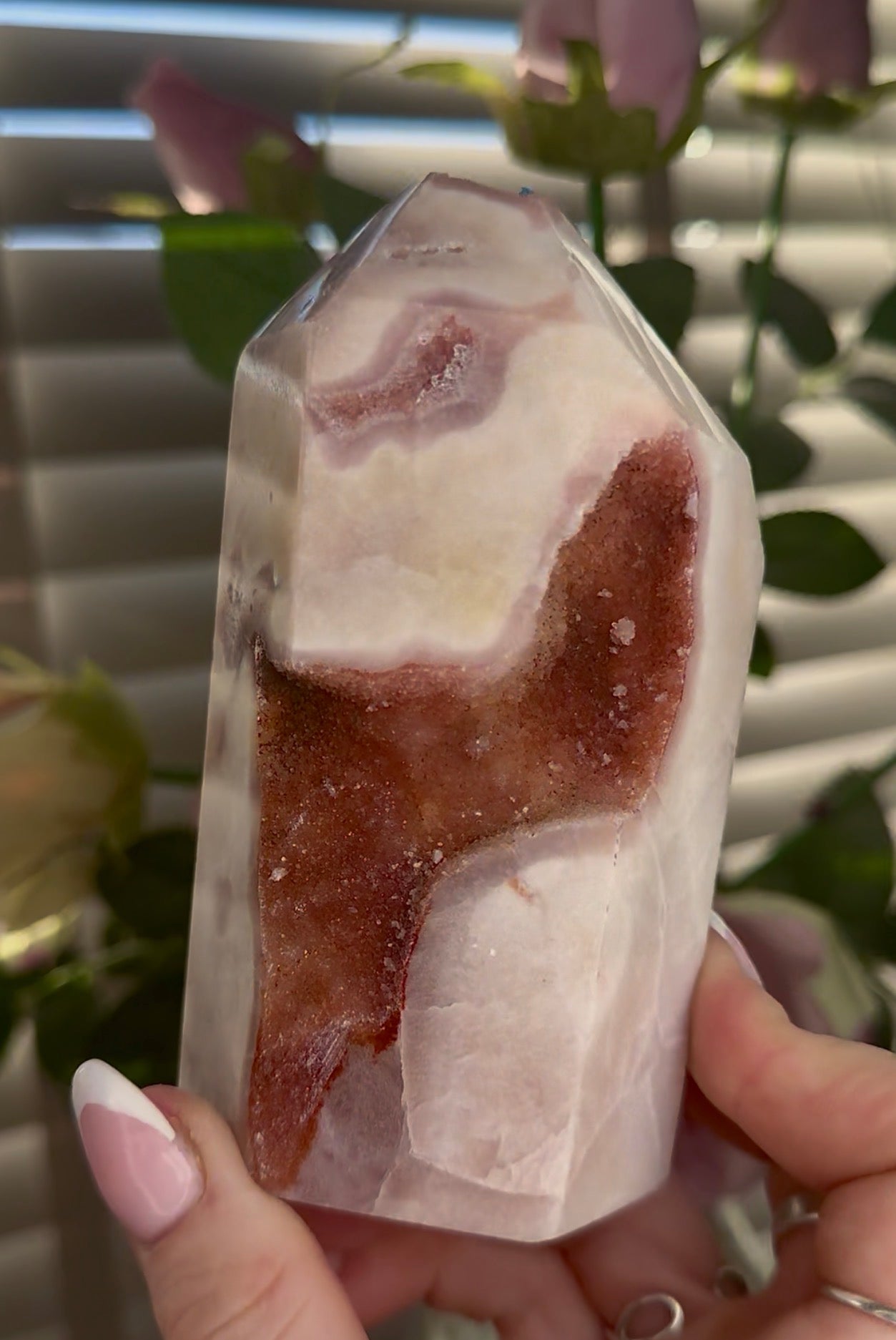 Stunning Pink amethyst tower with red druzy - 650g 11.5cm (h)