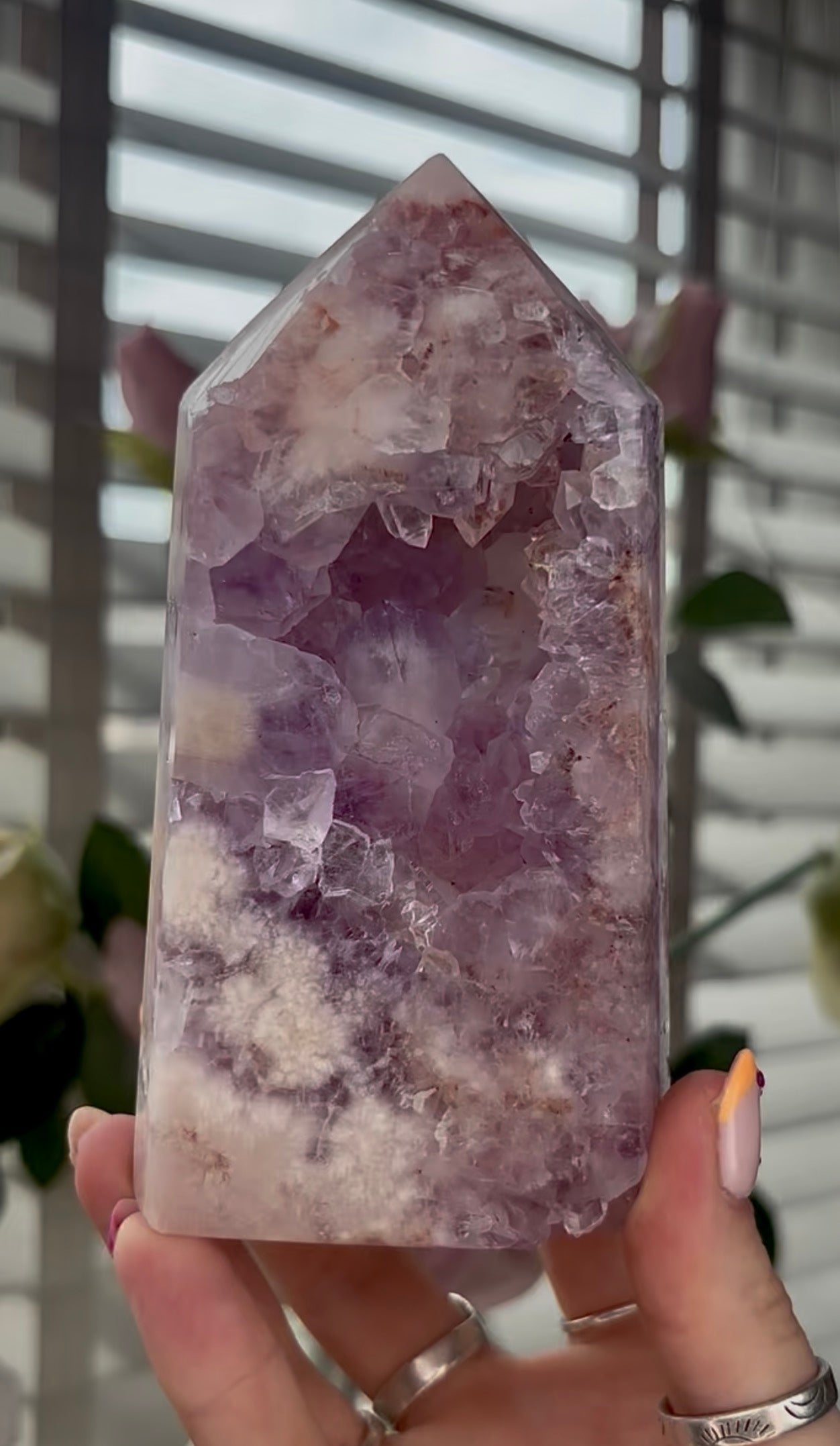 Beautiful, large, high quality, Pink amethyst tower with lilac tone quartz