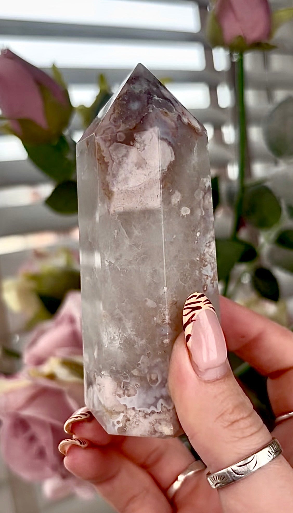 Stunning!! Super high quality, Druzy, green chlorite x blue flower agate tower